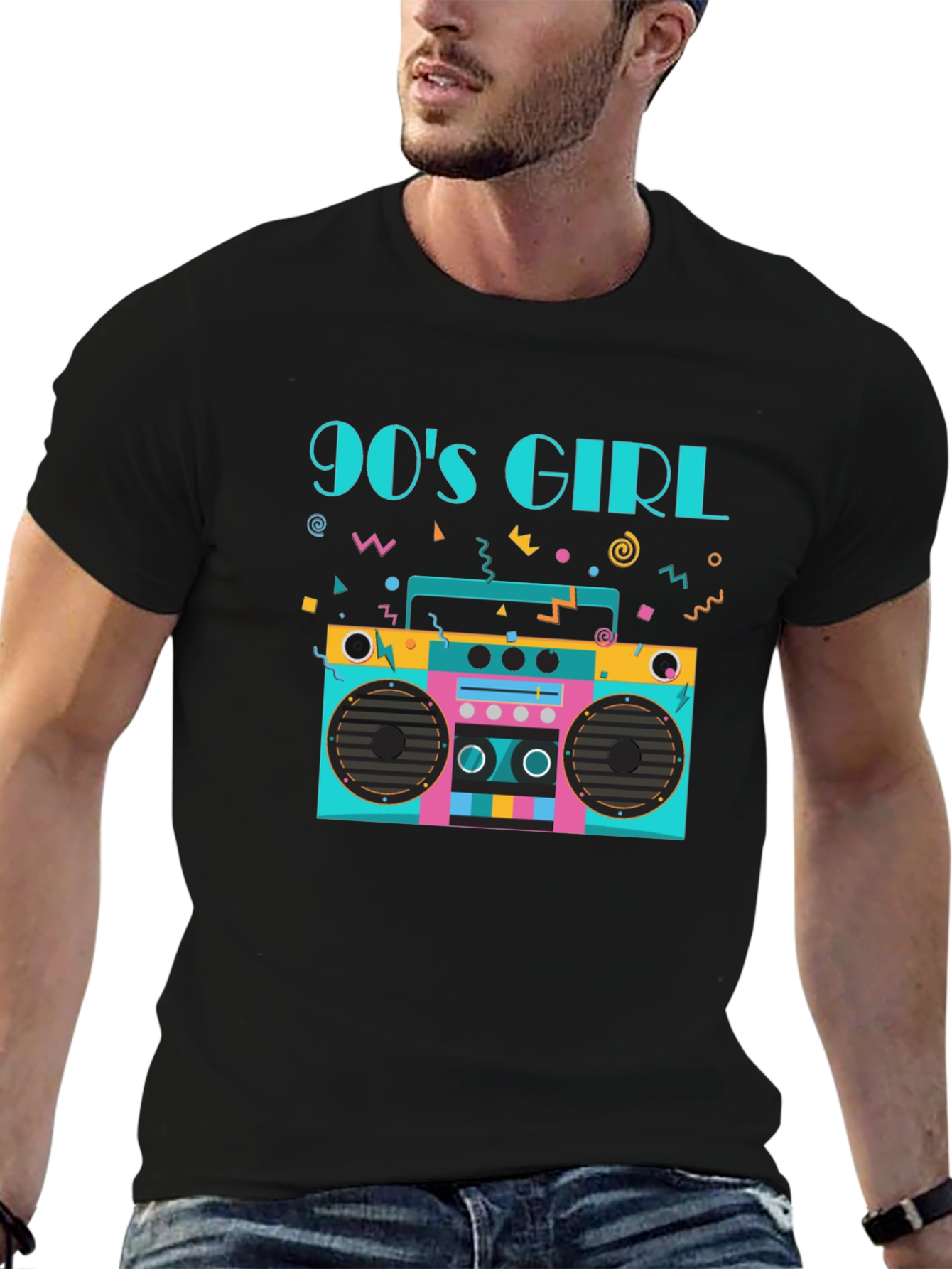 Black 90s Girl Graphic Tee - Retro Boombox Design Black T-Shirt view 6