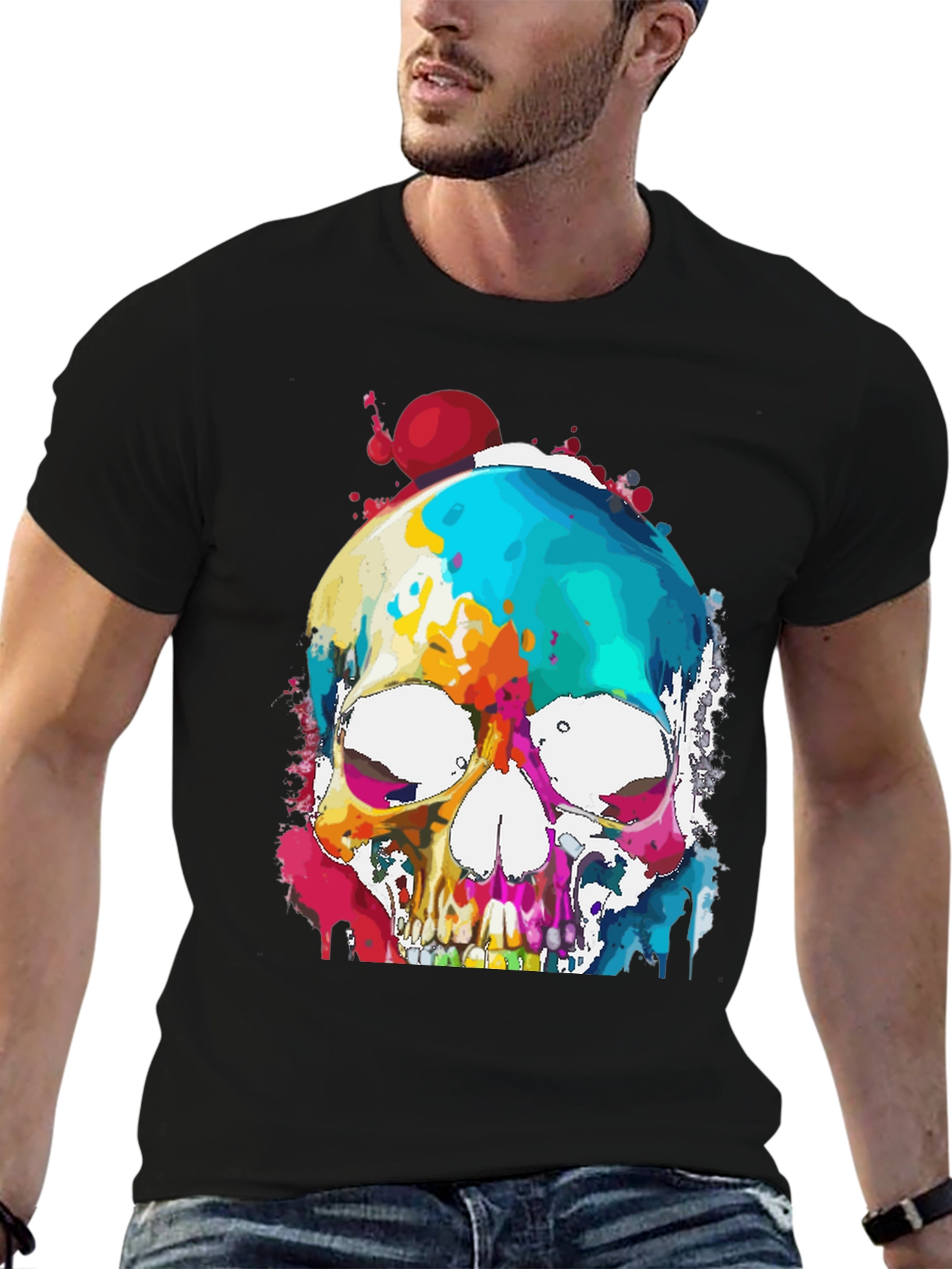 Black Colorful Skull Graphic Tee - Men's Black T-Shirt view 6
