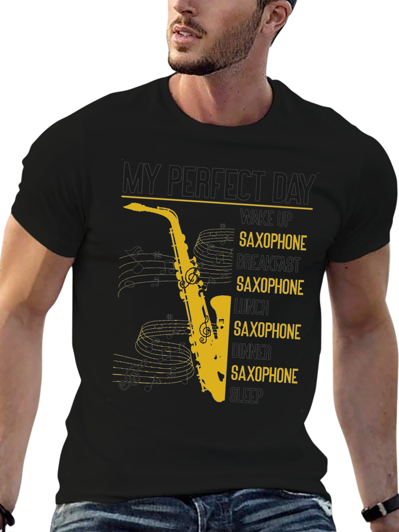 Black Saxophone Lover Graphic T-Shirt - Perfect Day Design view 6