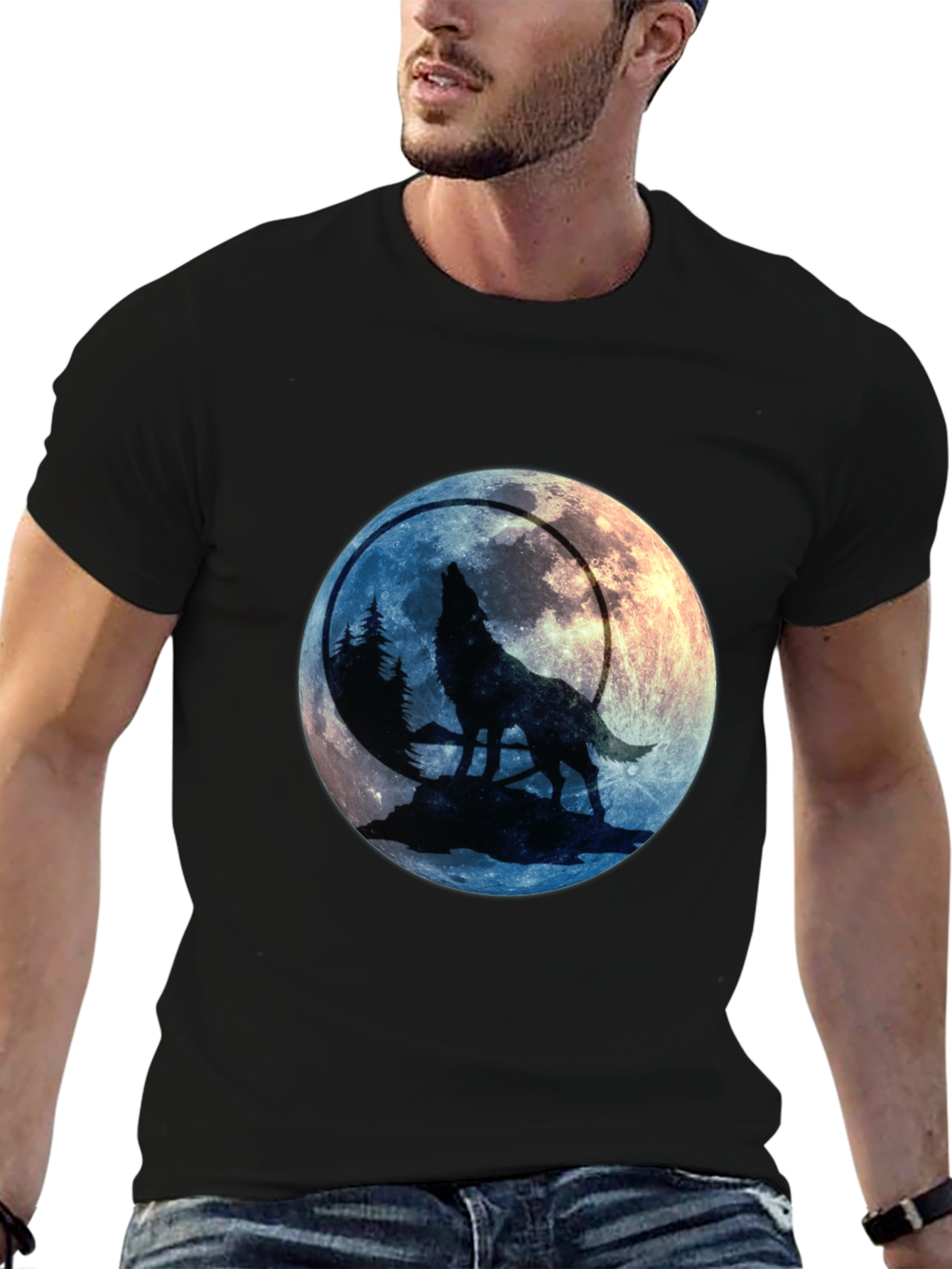 Black Wolf Howling at Moon Graphic Tee view 6