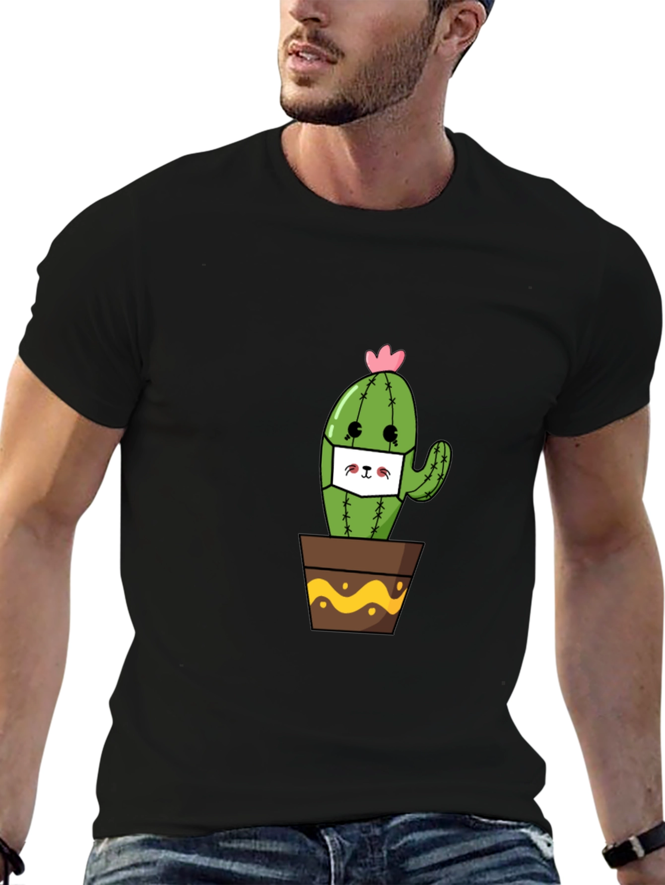 Black Cute Cactus Face Mask T-Shirt view 6