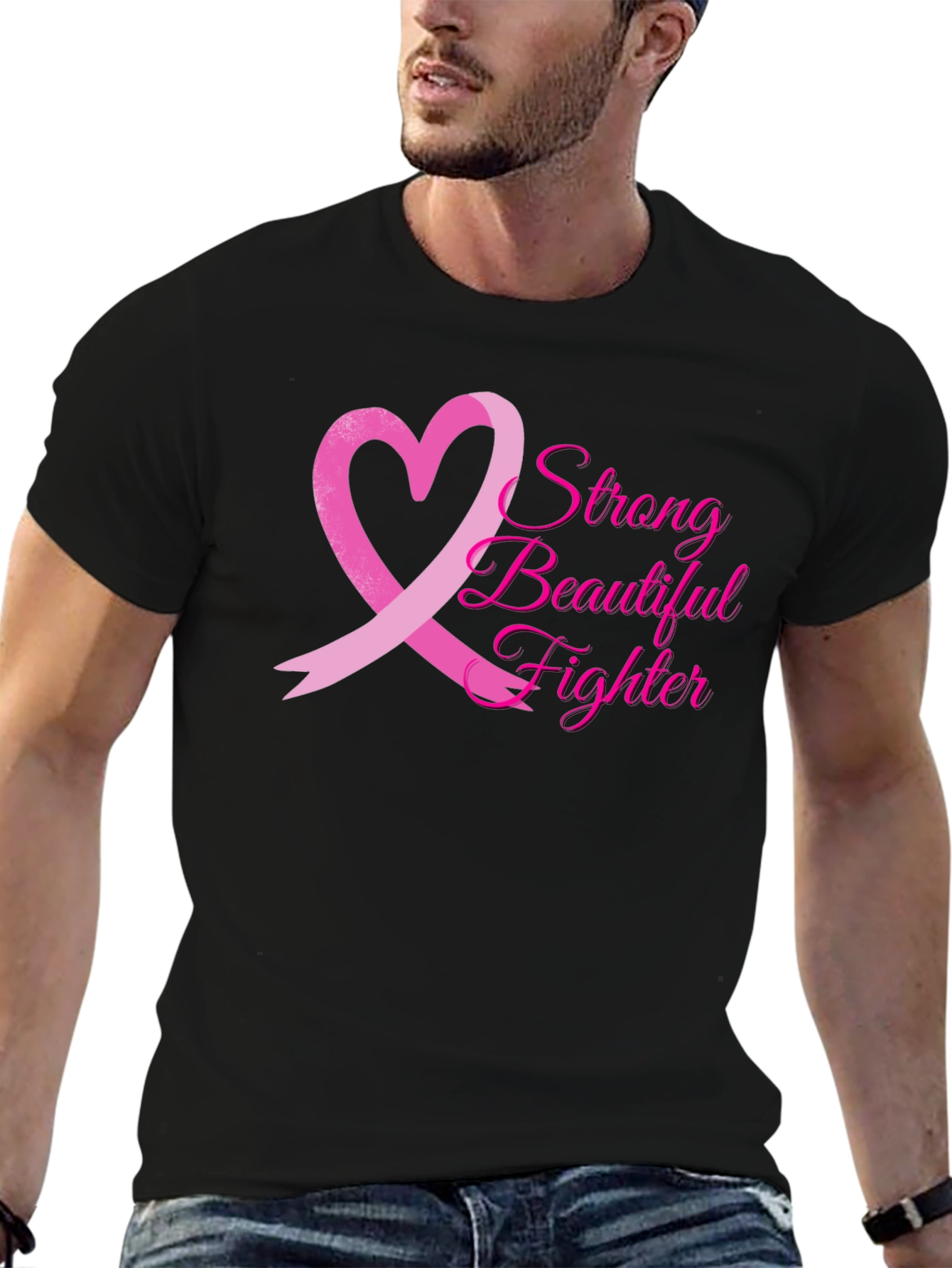 Black Breast Cancer Awareness T-Shirt: Strong Beautiful Fighter view 6