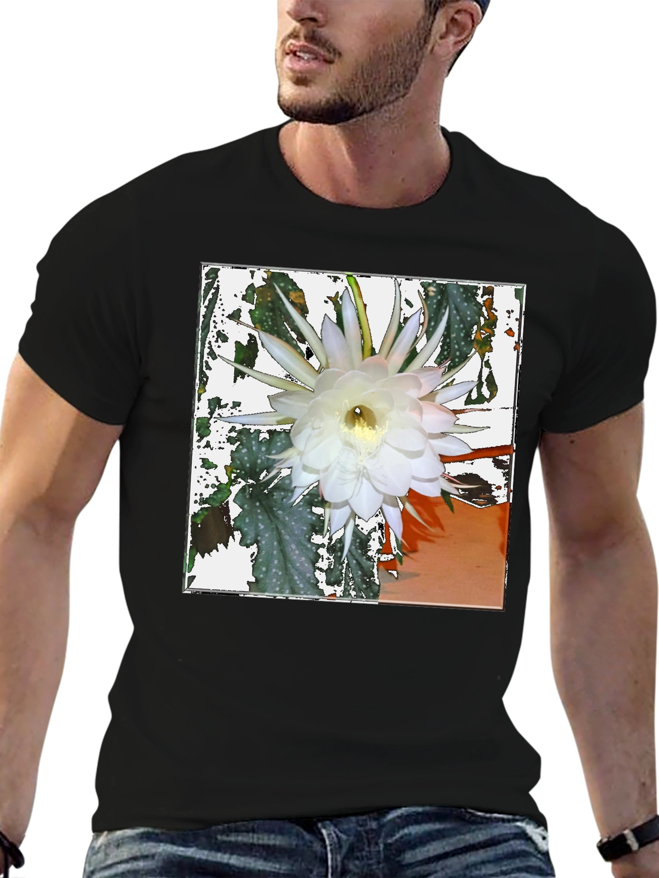 Black Floral Print Tee - Night Blooming Cereus Design view 6