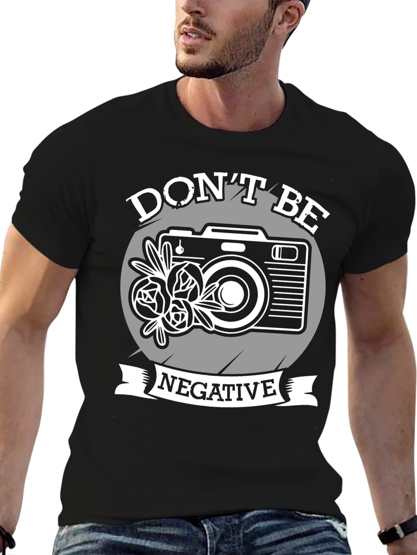 Black Don't Be Negative Camera Graphic T-Shirt view 6
