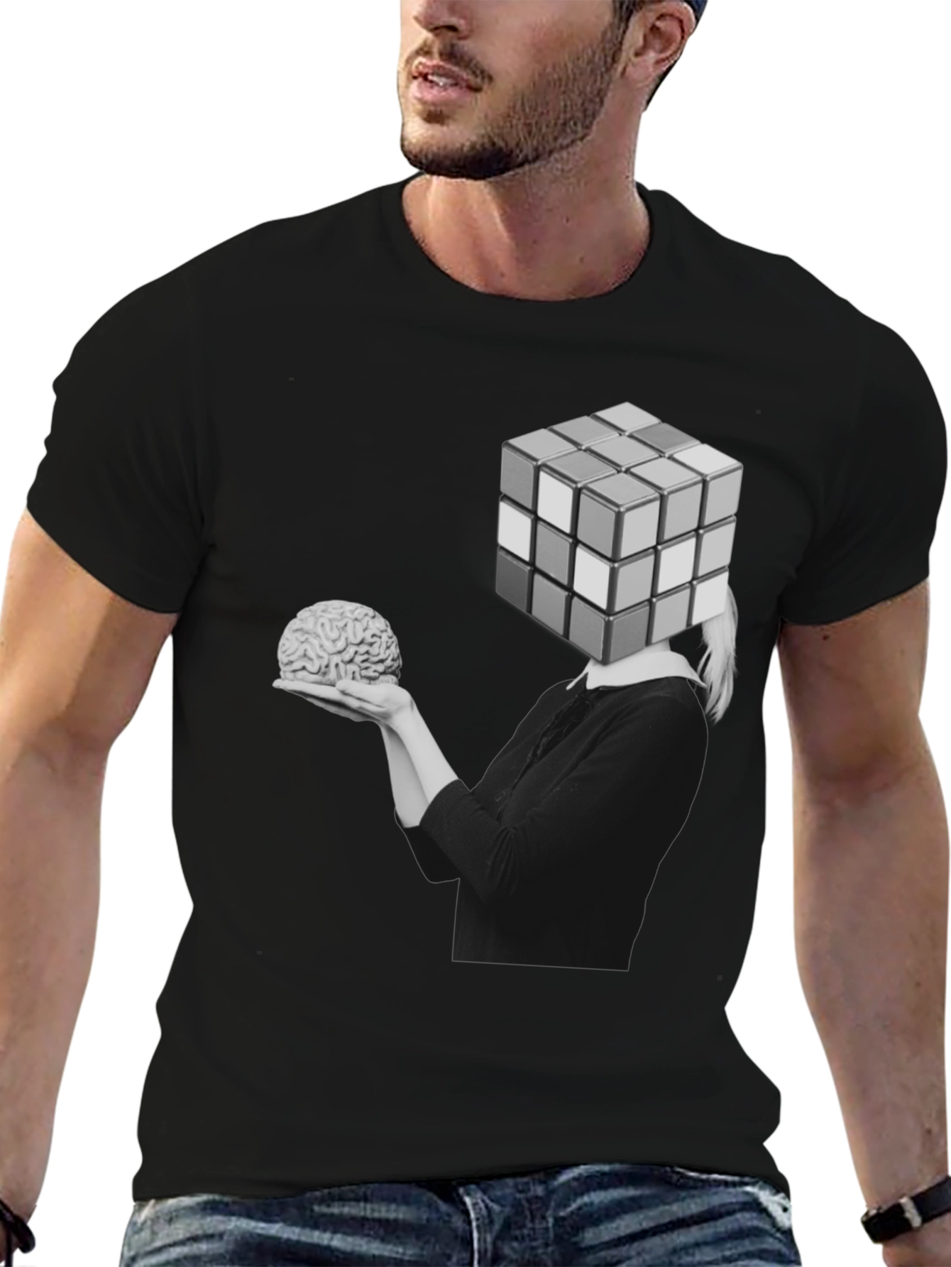 Black Rubik's Cube Brain T-Shirt view 6