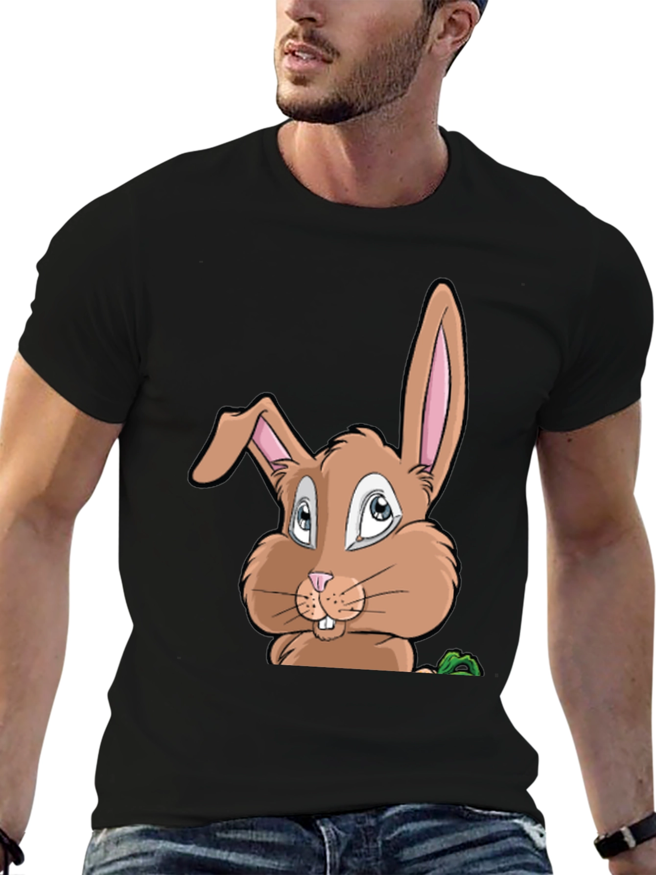 Black Cute Cartoon Bunny Graphic Black T-Shirt view 6