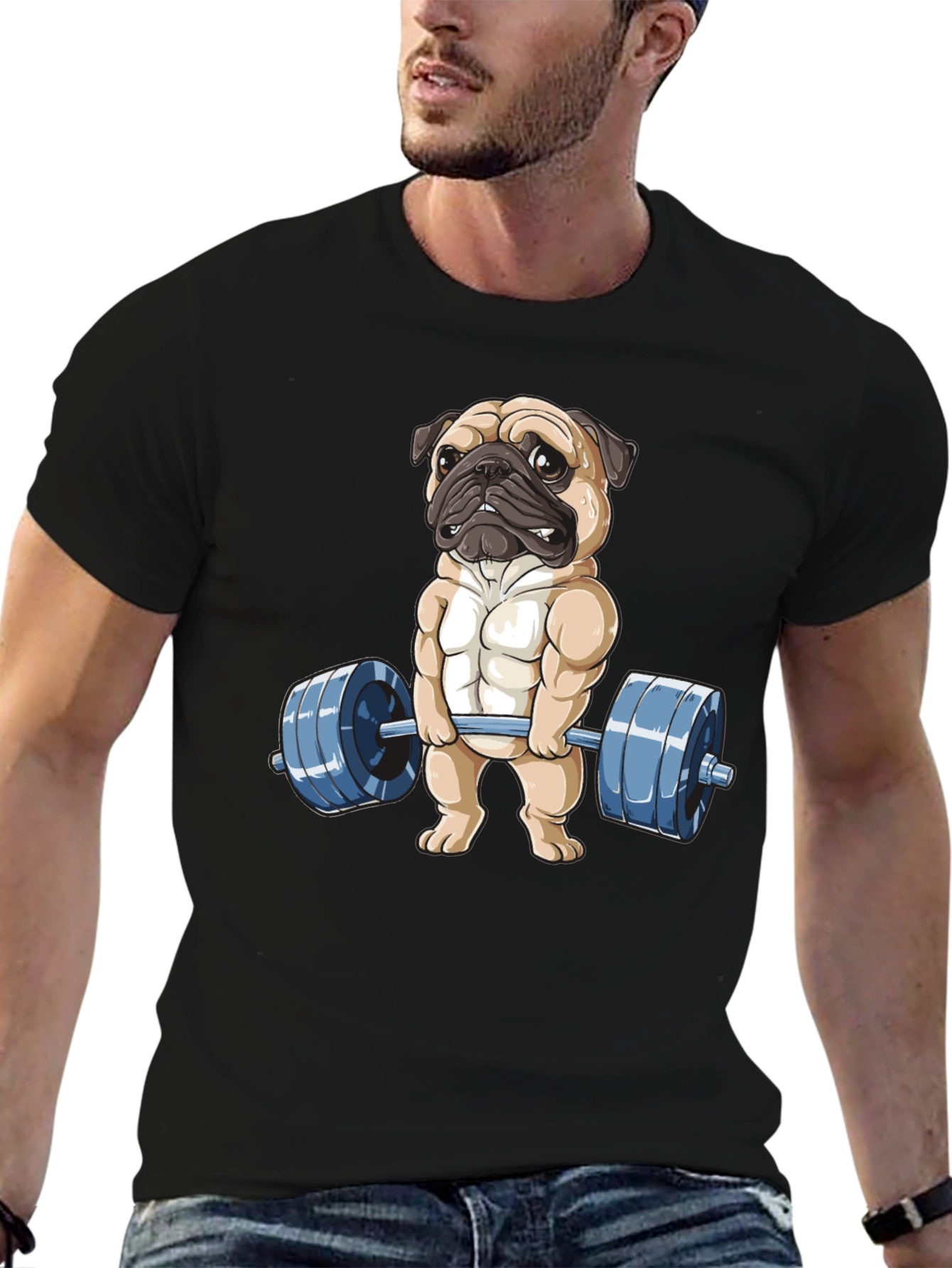 Black Pug Lifter T-Shirt - Black Cotton Fitness Tee view 6