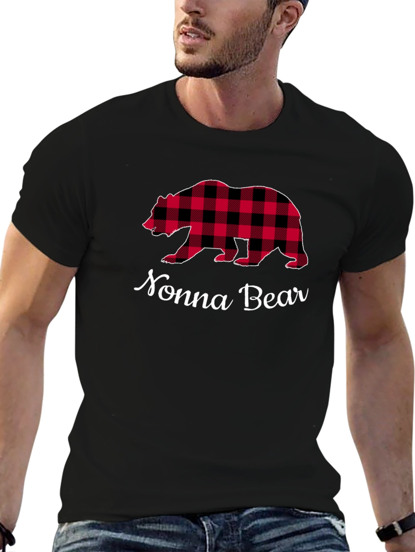 Nonna Bear Plaid Graphic Tee - Black Cotton Shirt - 6