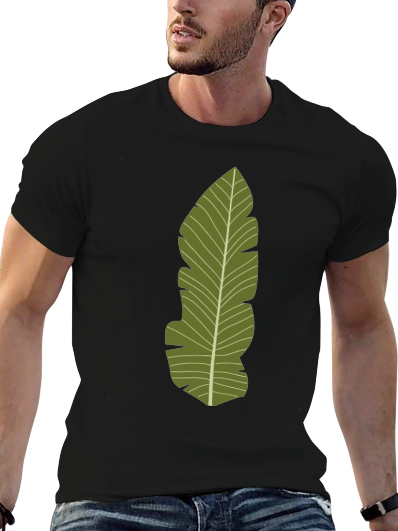 Black Tropical Leaf Print Black T-Shirt view 6