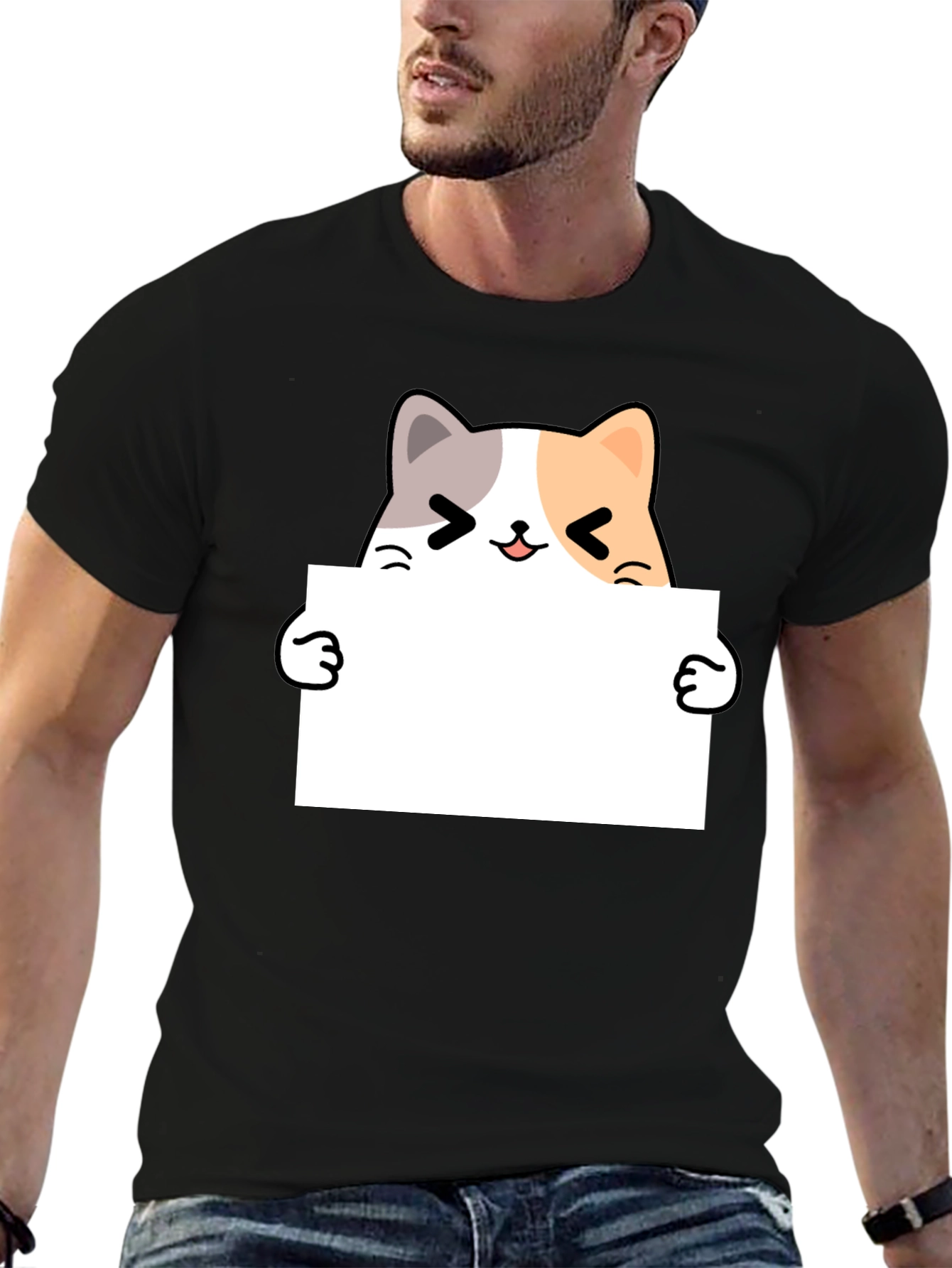 Black Cute Cat Holding Blank Sign T-Shirt view 6