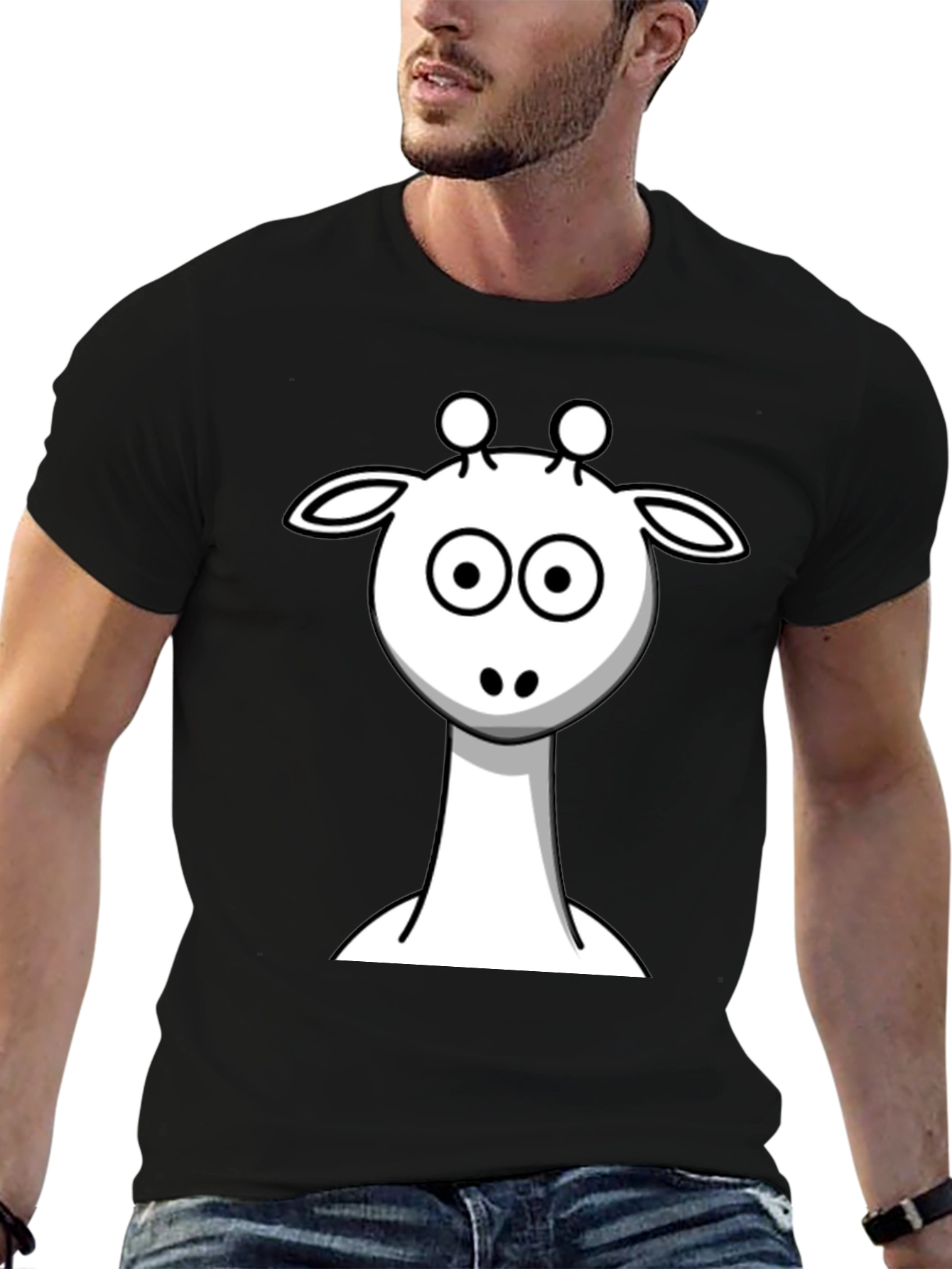 Black Cartoon Giraffe Graphic Tee - Black Cotton T-Shirt view 6