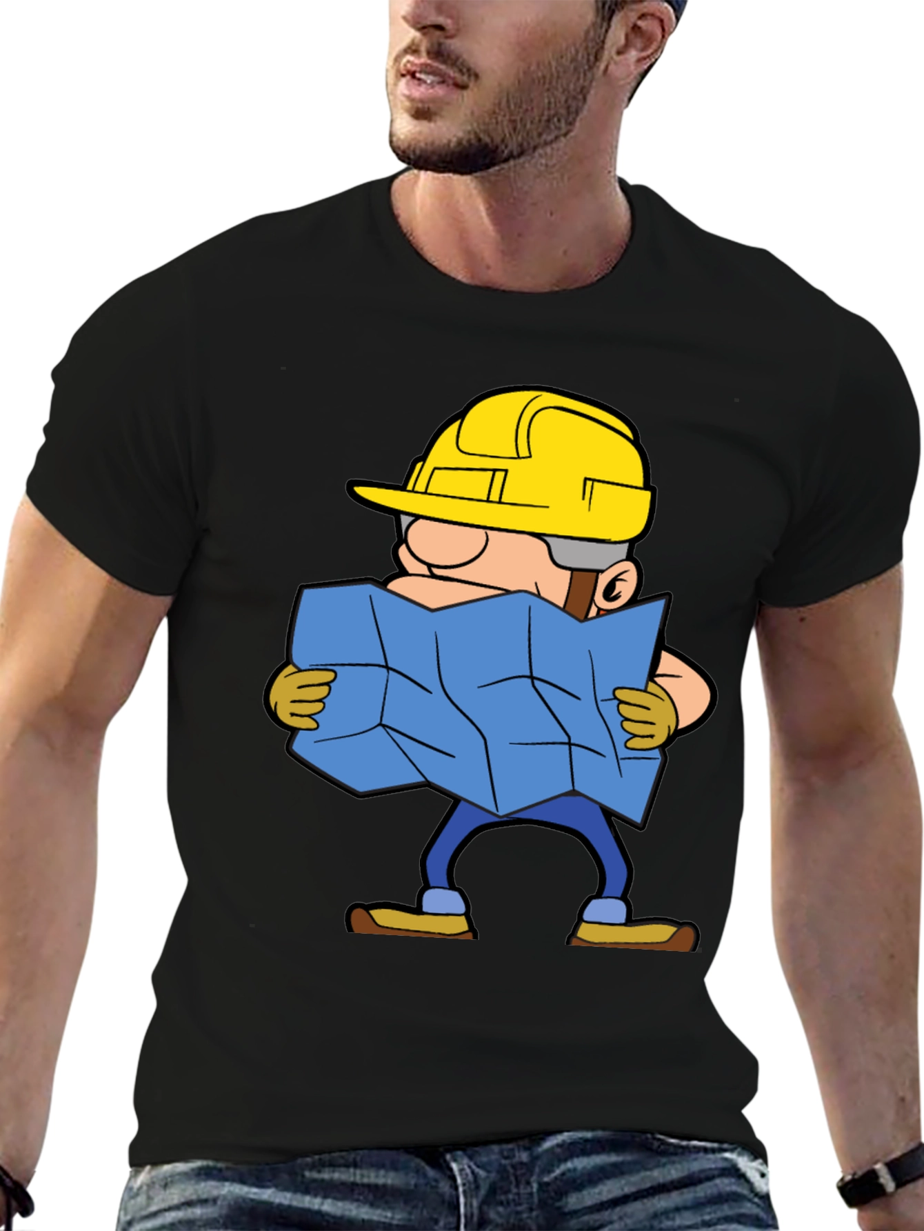 Black Construction Worker Map Cartoon Graphic Tee view 6