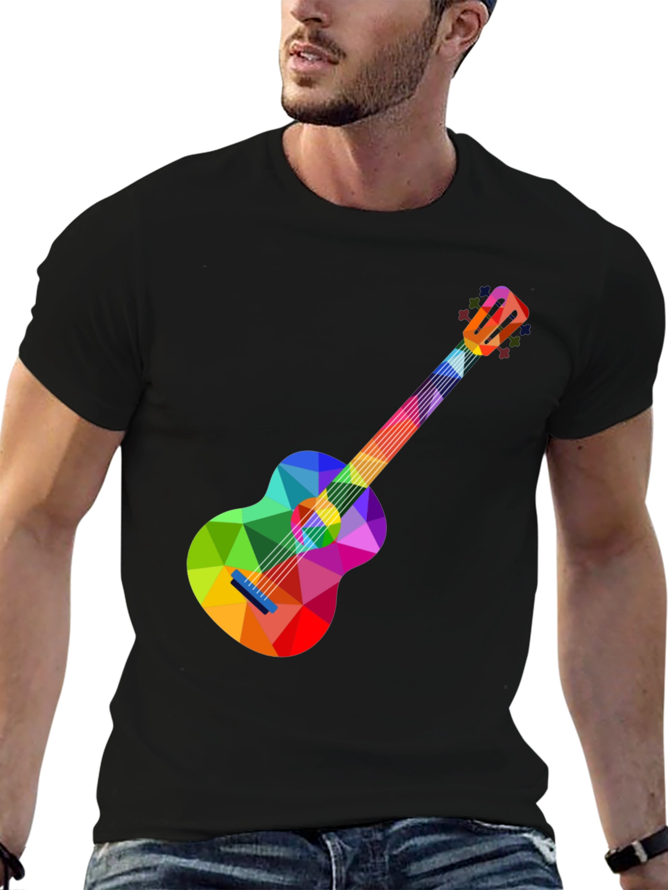 Black Colorful Geometric Guitar Graphic Tee - Stylish Music Lover T-Shirt view 6