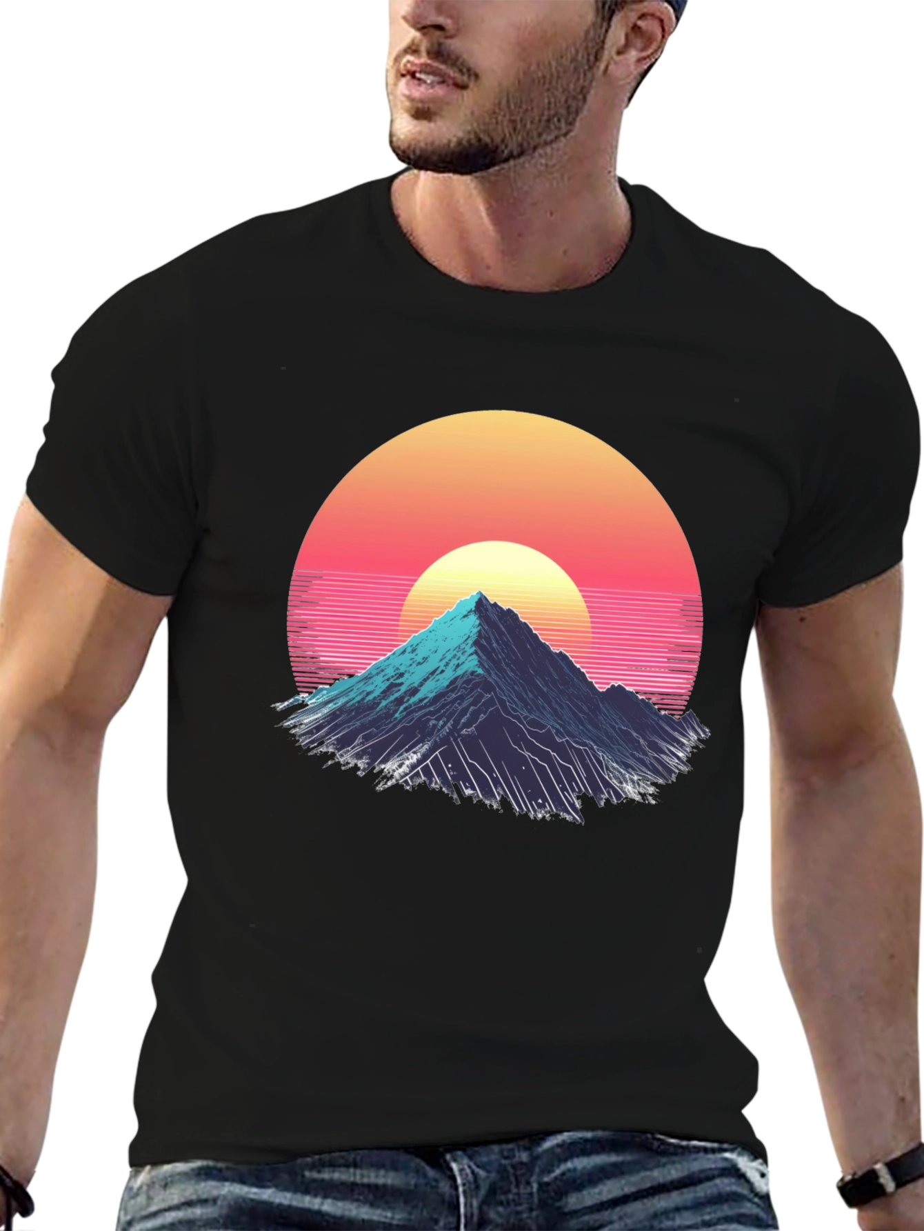 Black Retro Mountain Sunset Graphic Tee - Black view 6