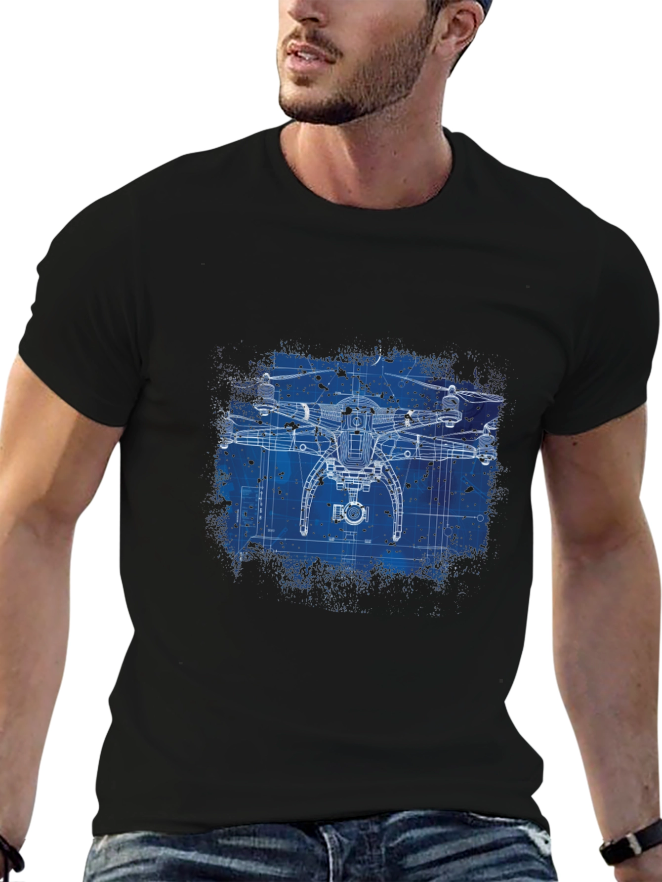 Black Drone Blueprint Graphic T-Shirt view 6