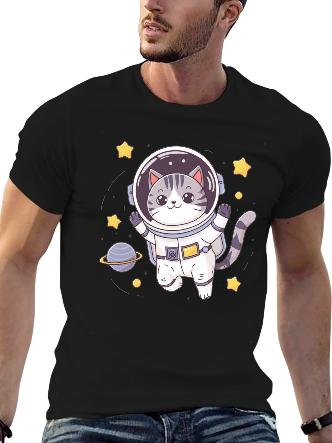 Black Astronaut Cat Graphic Tee - Space Lover Shirt view 6