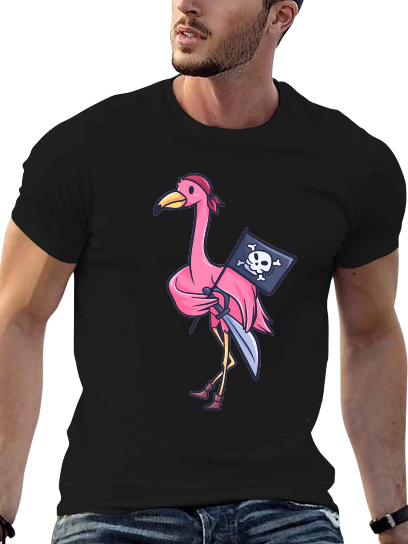 Black Pirate Flamingo T-Shirt - Novelty Graphic Tee view 6