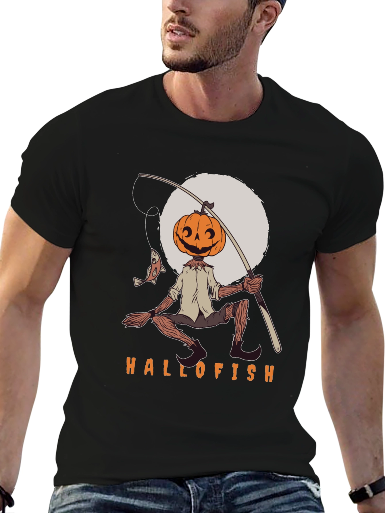 Black Hallofish Graphic Tee - Pumpkin Head Fisherman view 6