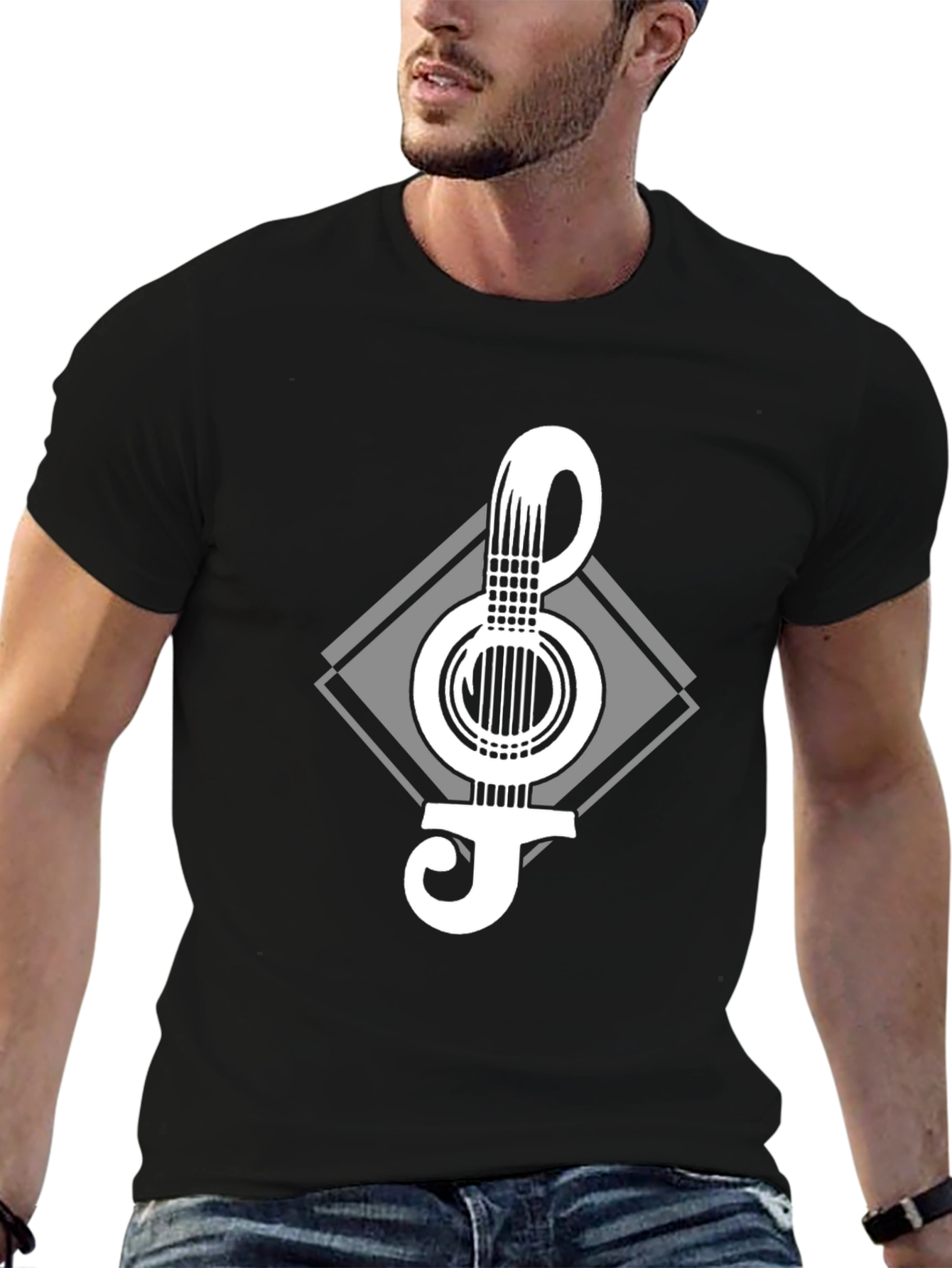 Black Guitar Clef Graphic Tee - Black Cotton Blend T-Shirt view 6