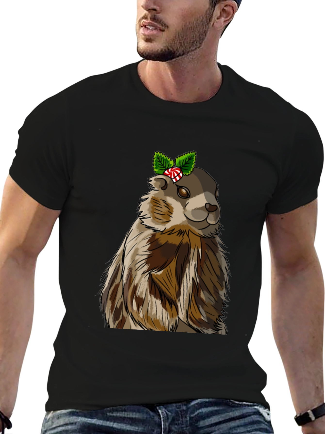 Black Festive Groundhog T-Shirt - Holiday Cheer! view 6