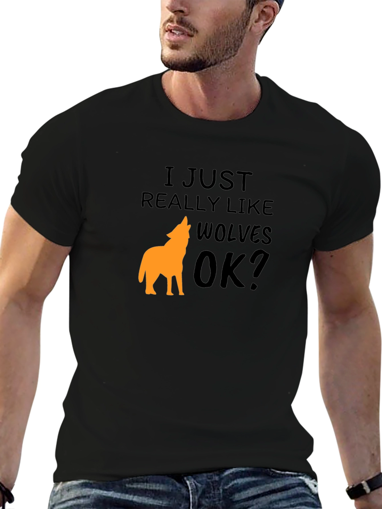 Black I Just Really Like Wolves OK? T-Shirt view 6