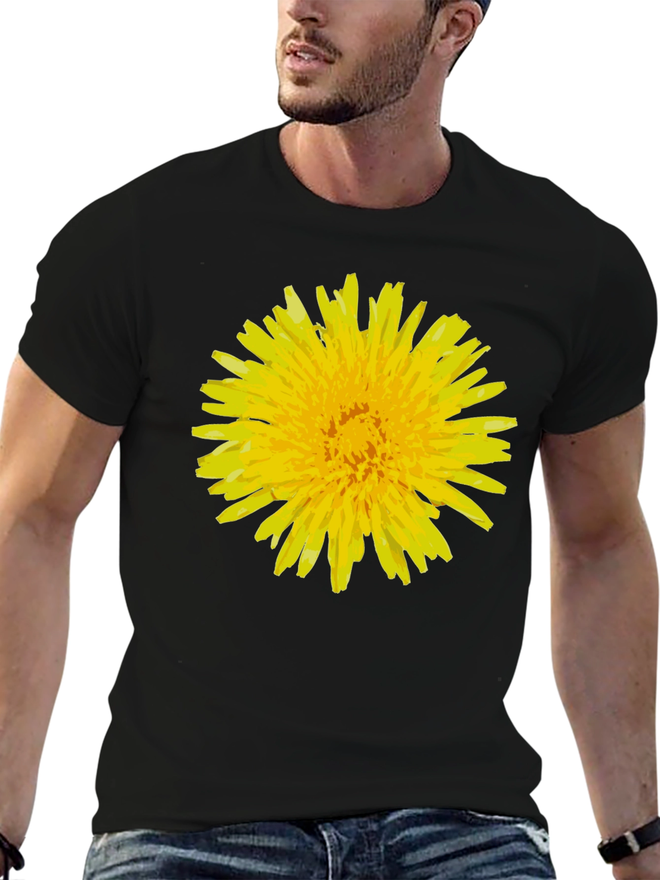 Black Dandelion Flower Graphic Tee - Black Cotton T-Shirt view 6