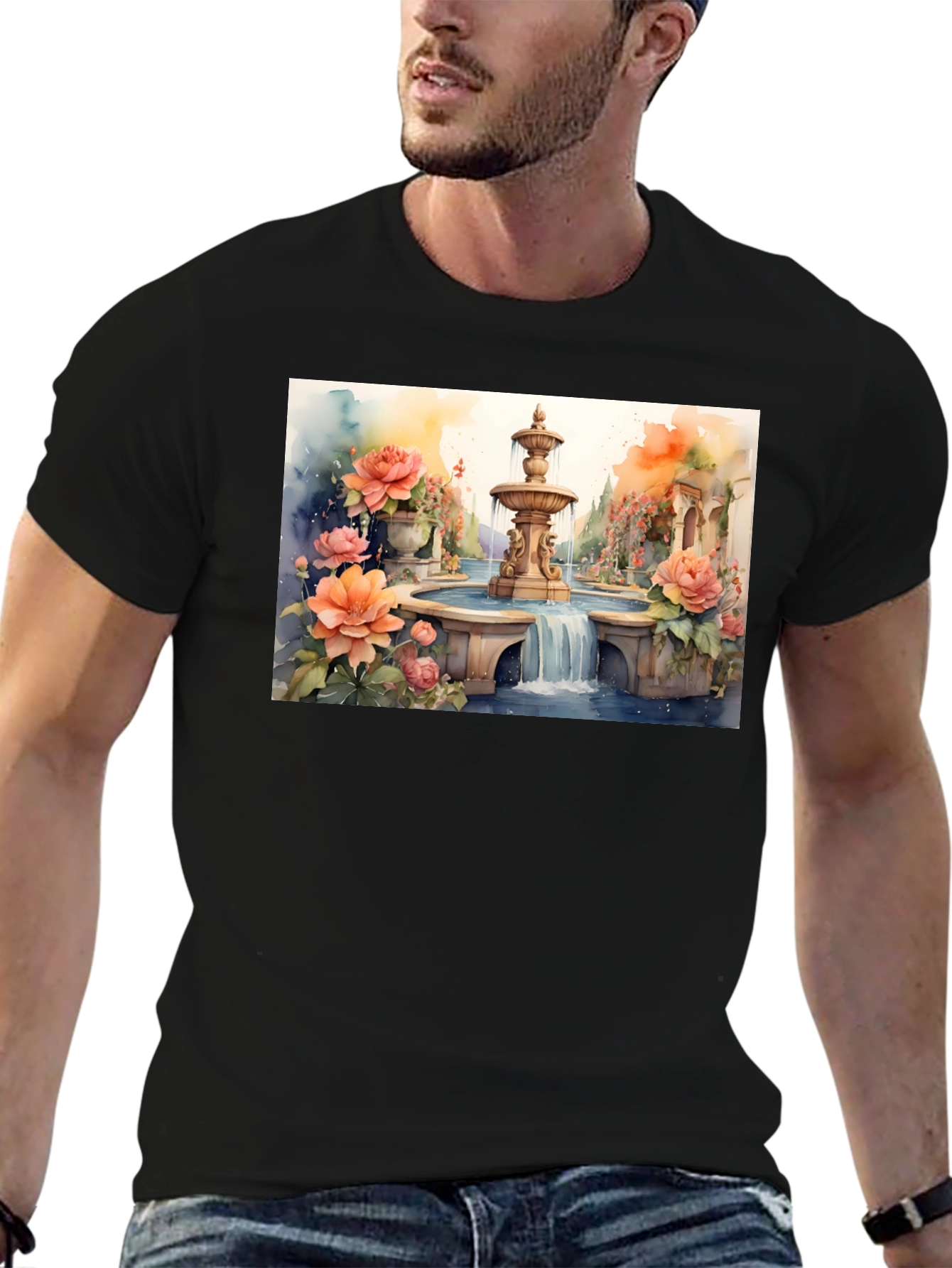 Black Floral Fountain Watercolor Art T-Shirt view 6