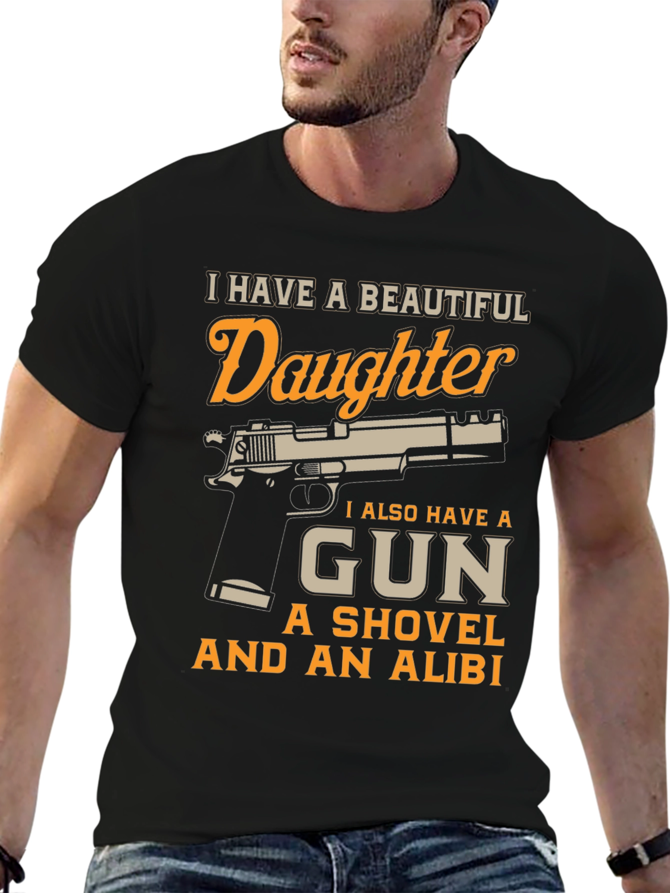 Black I Have a Beautiful Daughter Gun T-Shirt view 6