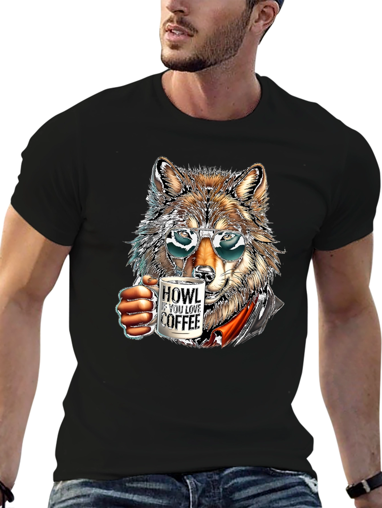 Black Cool Wolf Coffee Lover T-Shirt view 6