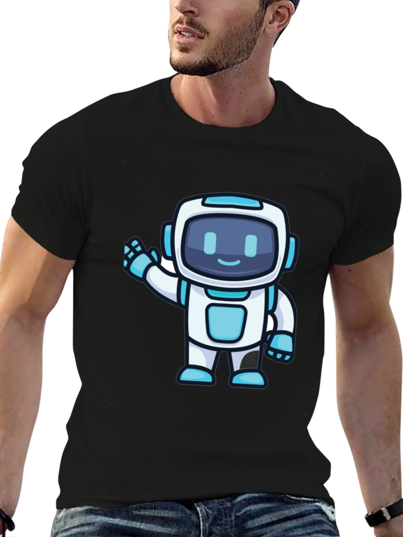 Black Cute Robot Graphic T-Shirt - Black Crew Neck view 6
