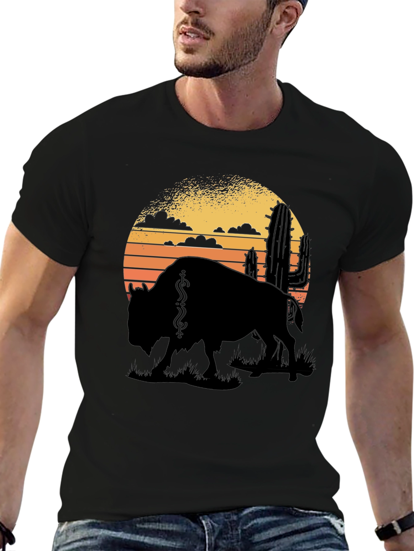 Black Buffalo Sunset Graphic Tee - Black Cotton T-Shirt view 6