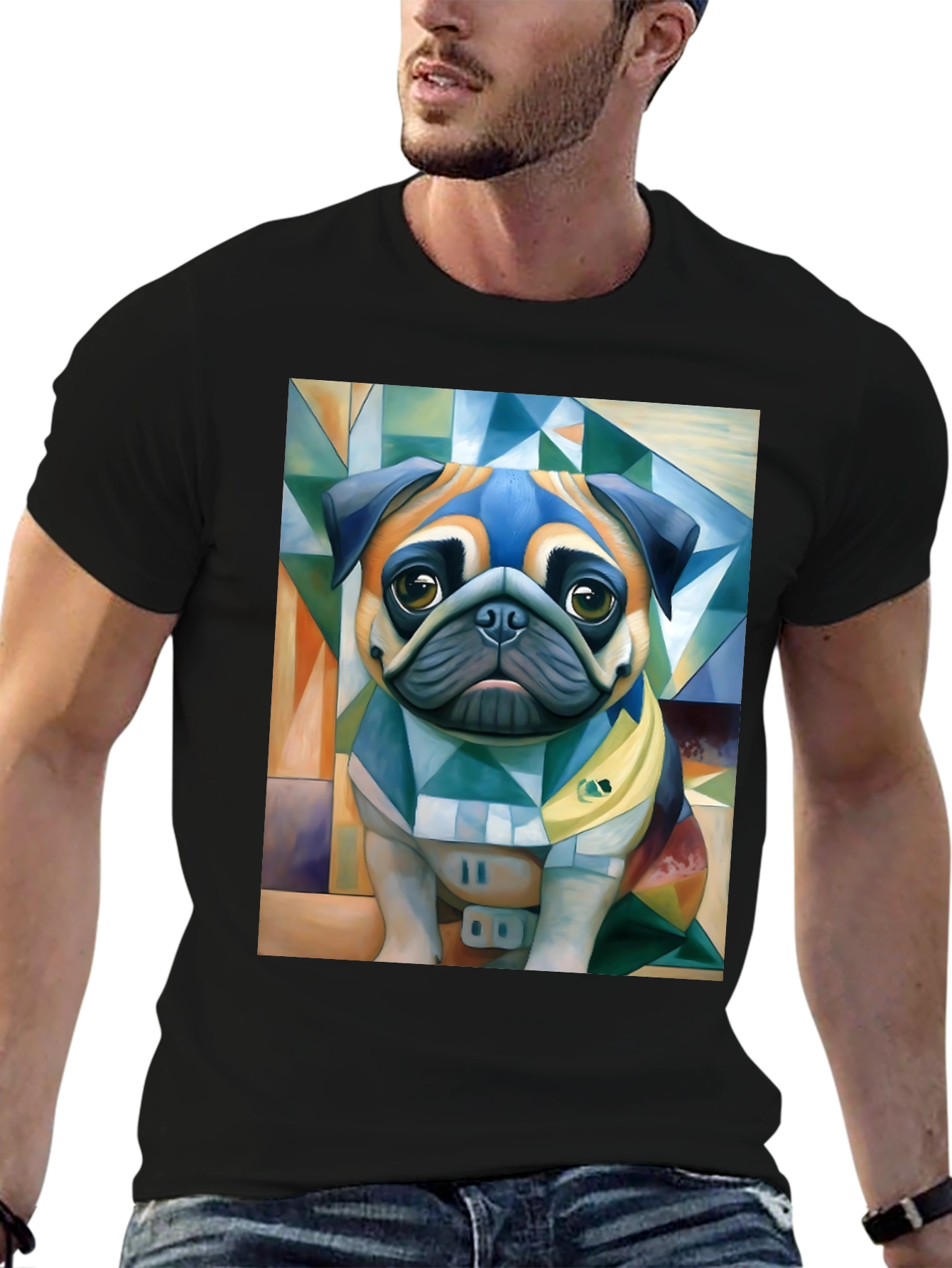Black Pug Art T-Shirt - Unique Geometric Dog Design view 6
