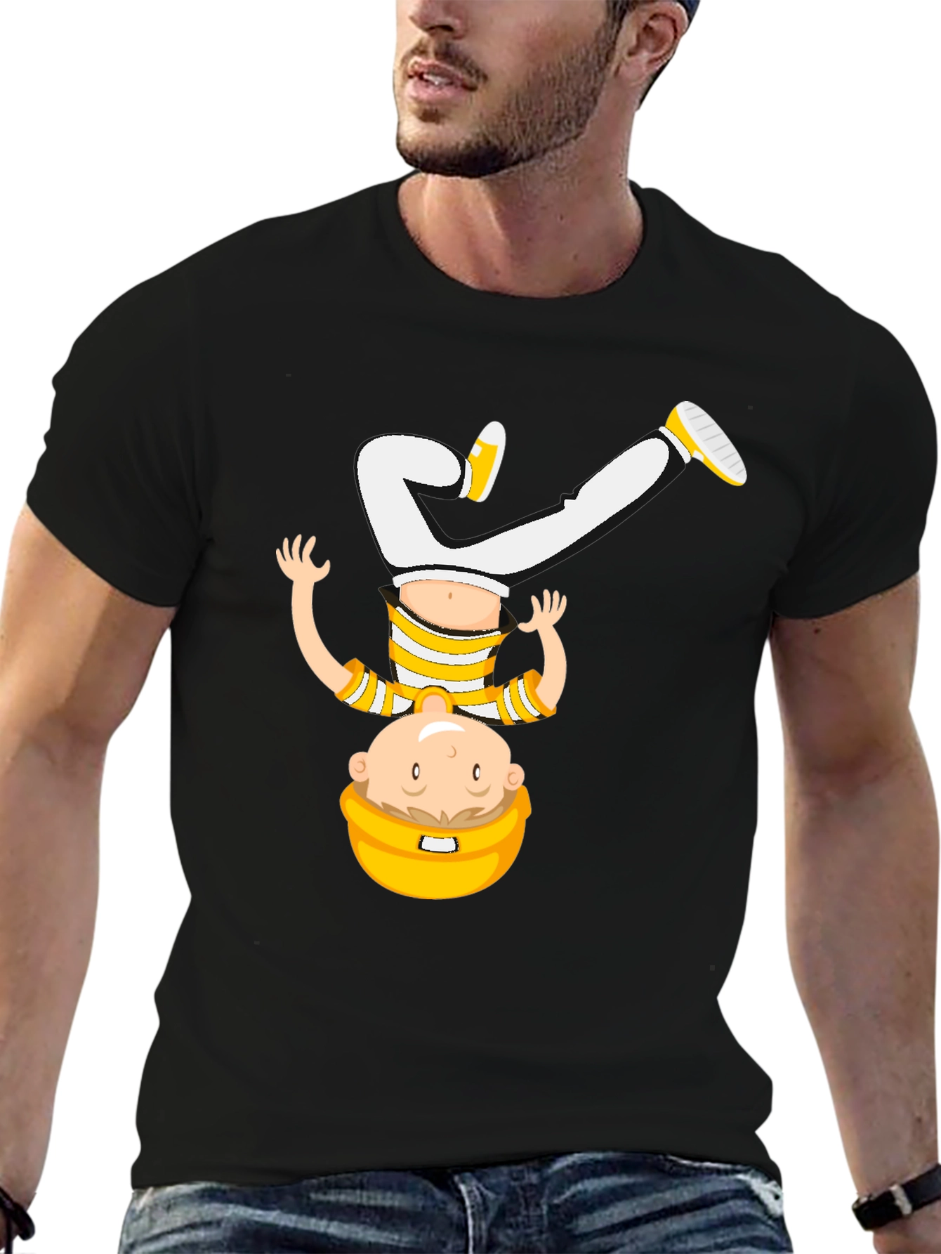 Black Funny Upside Down Cartoon T-Shirt - Black view 6