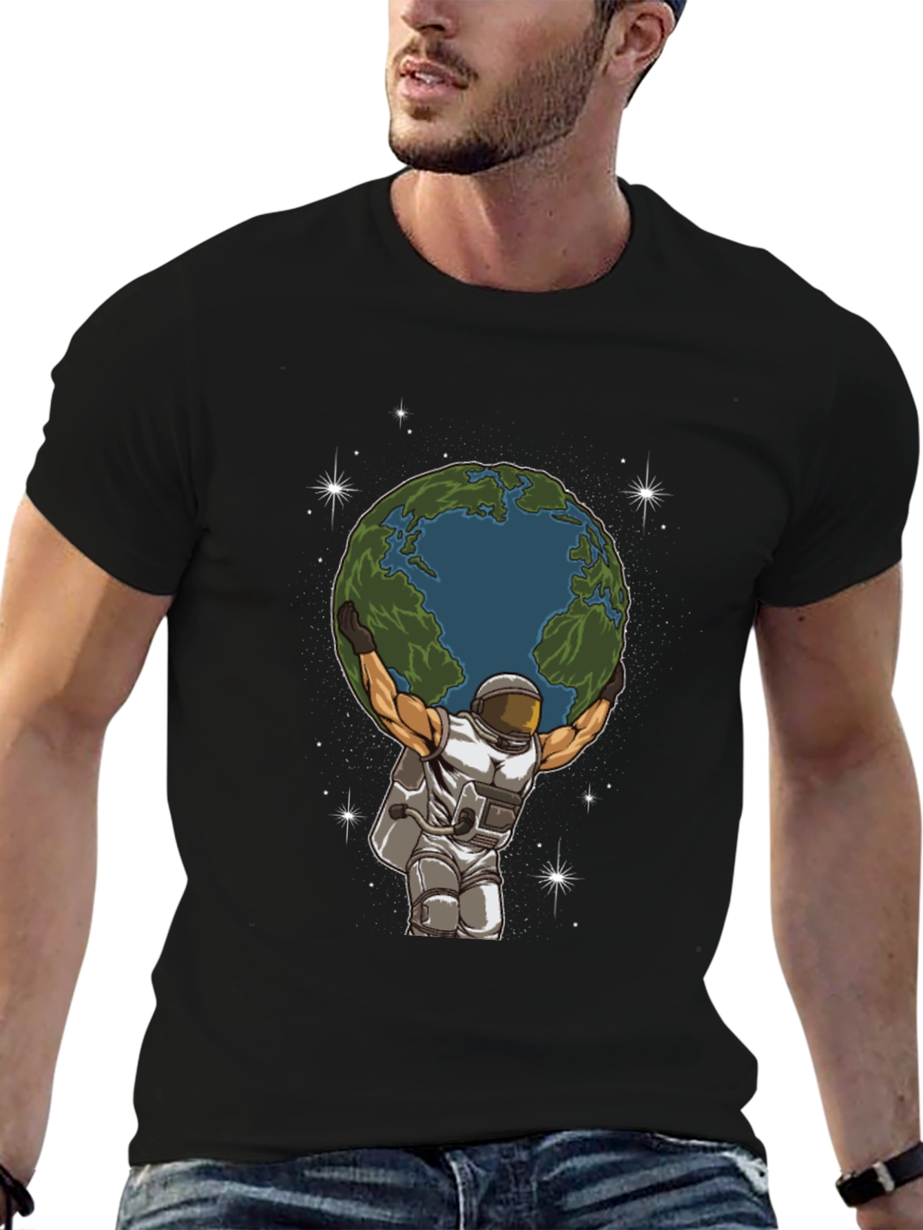 Black Astronaut Earth Lift Graphic Tee - Black Cotton T-Shirt view 6