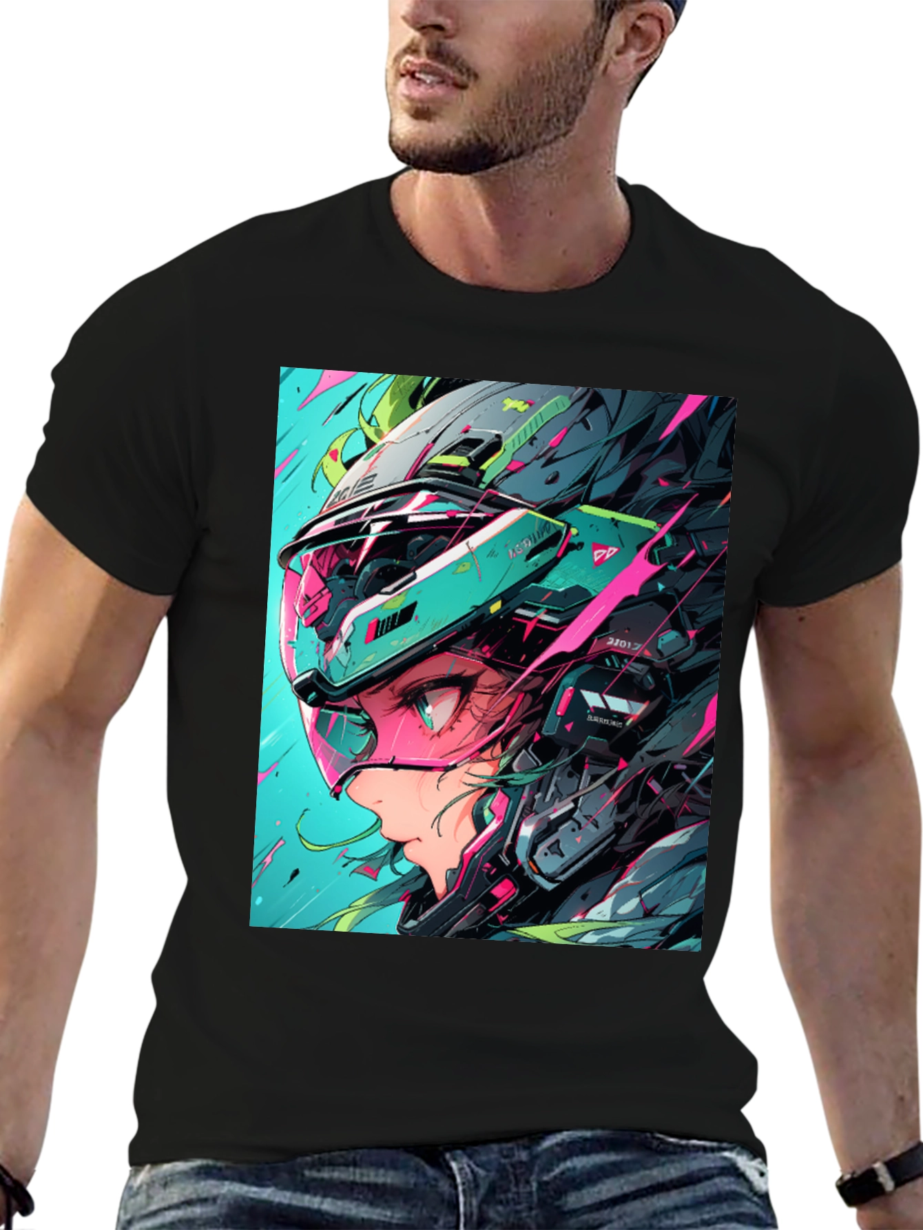 Black Cyberpunk Girl Helmet Graphic Tee view 6