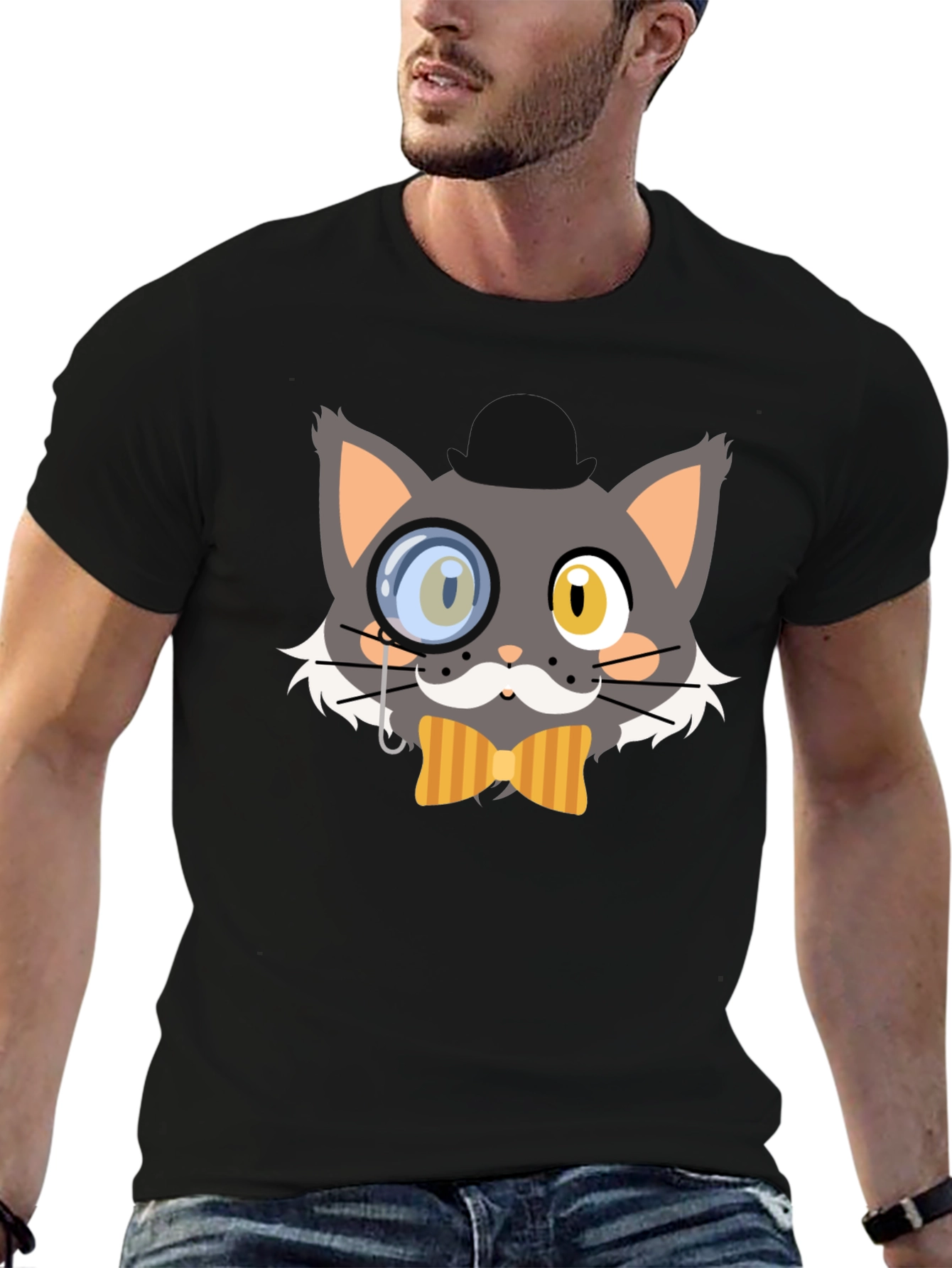 Black Monocle Cat Graphic T-Shirt, Unique Design view 6