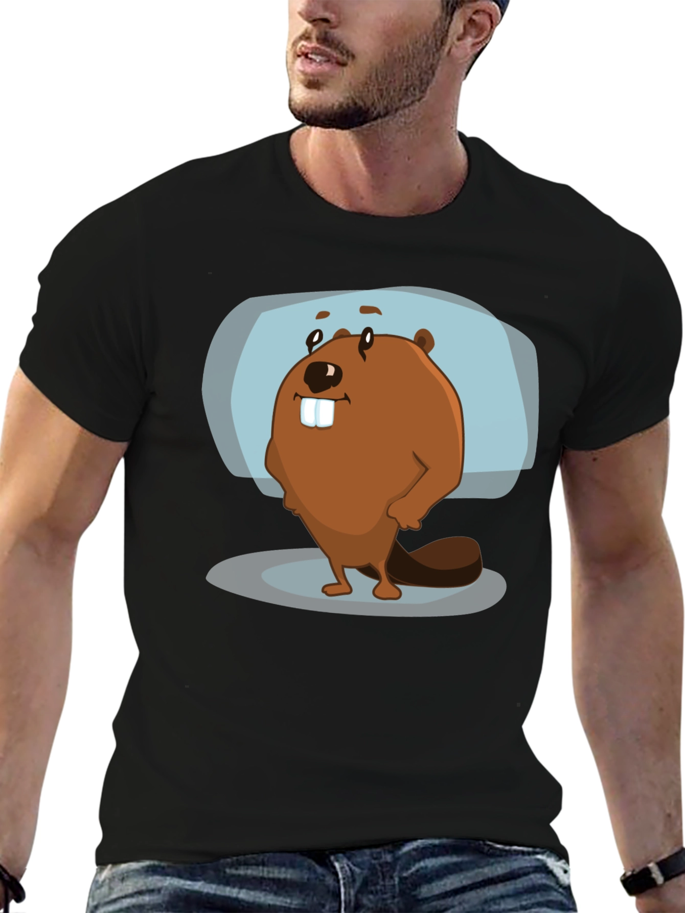Black Cartoon Beaver Graphic Tee - Black Cotton Blend view 6