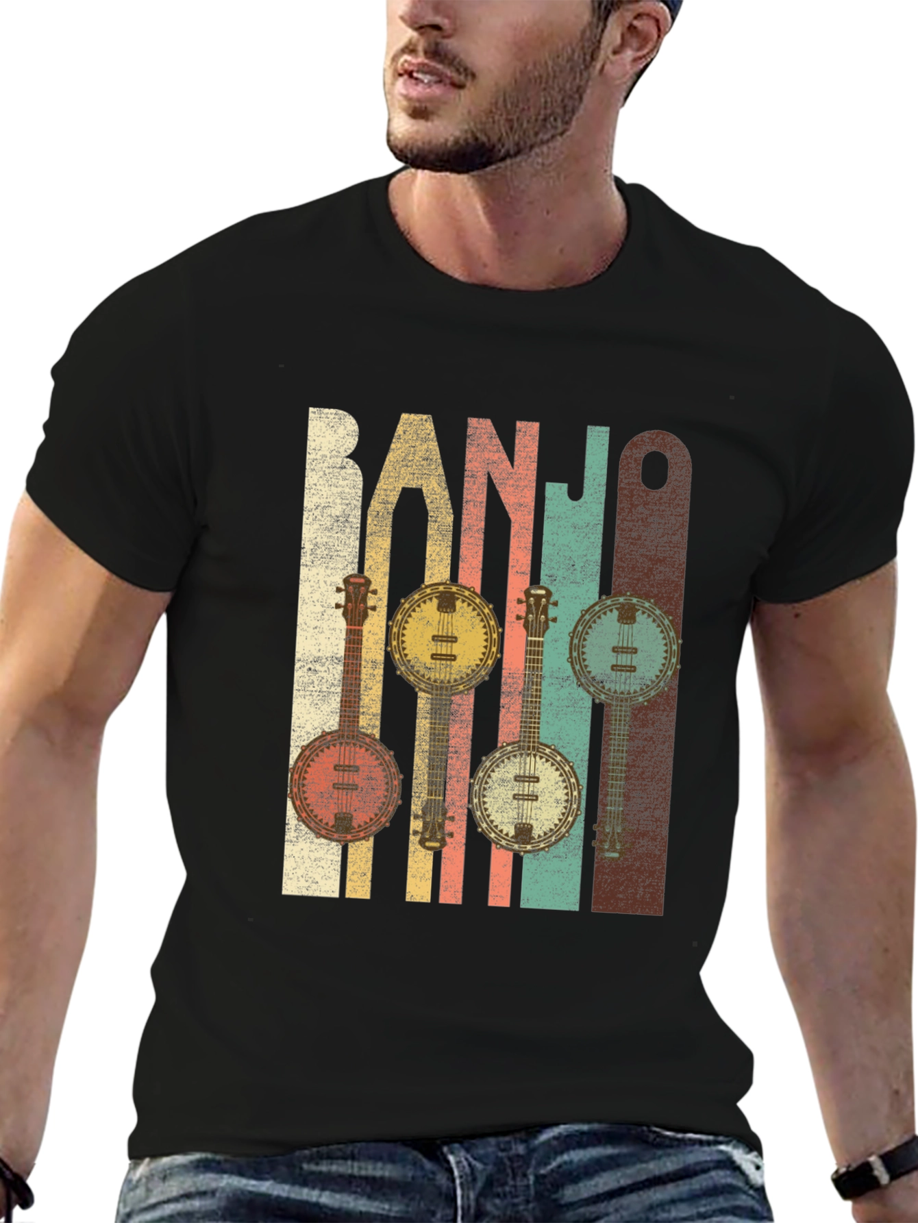 Black Vintage Banjo Music T-Shirt for Musicians view 6