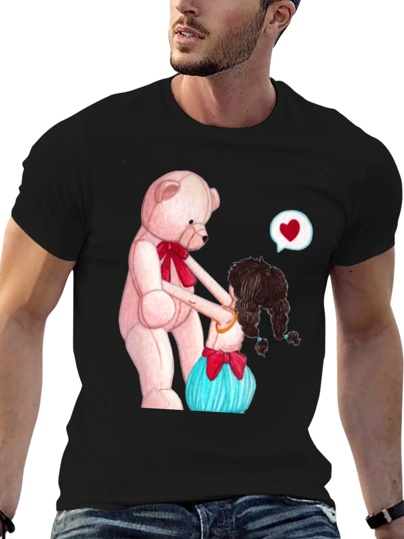 Black Cute Teddy Bear & Girl Black Graphic Tee view 6