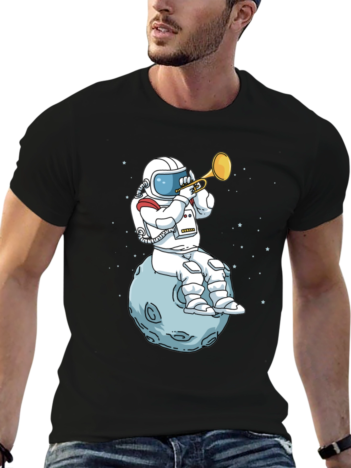 Black Astronaut Moon Trumpet Graphic Tee view 6