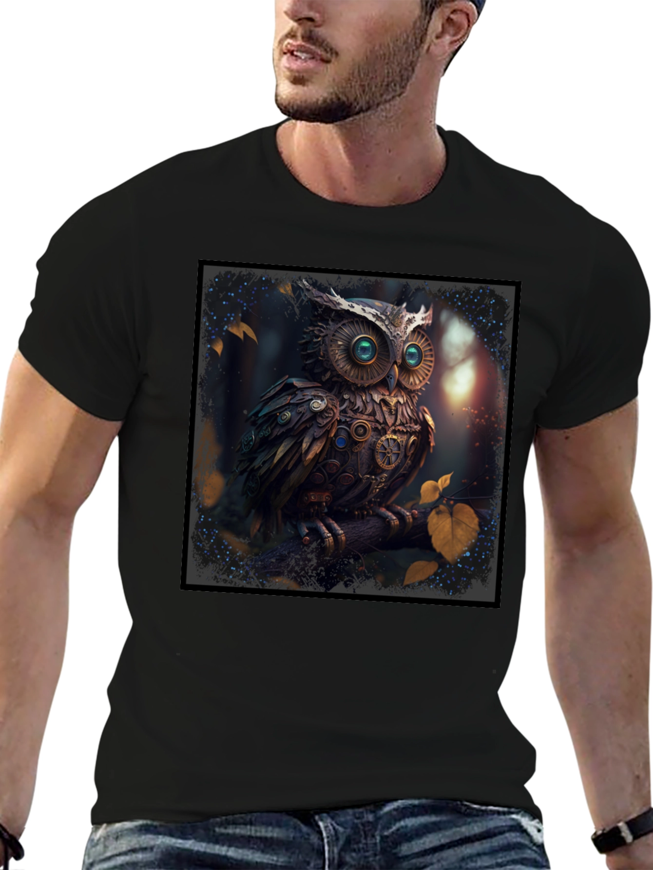 Black Steampunk Owl Graphic Black T-Shirt view 6