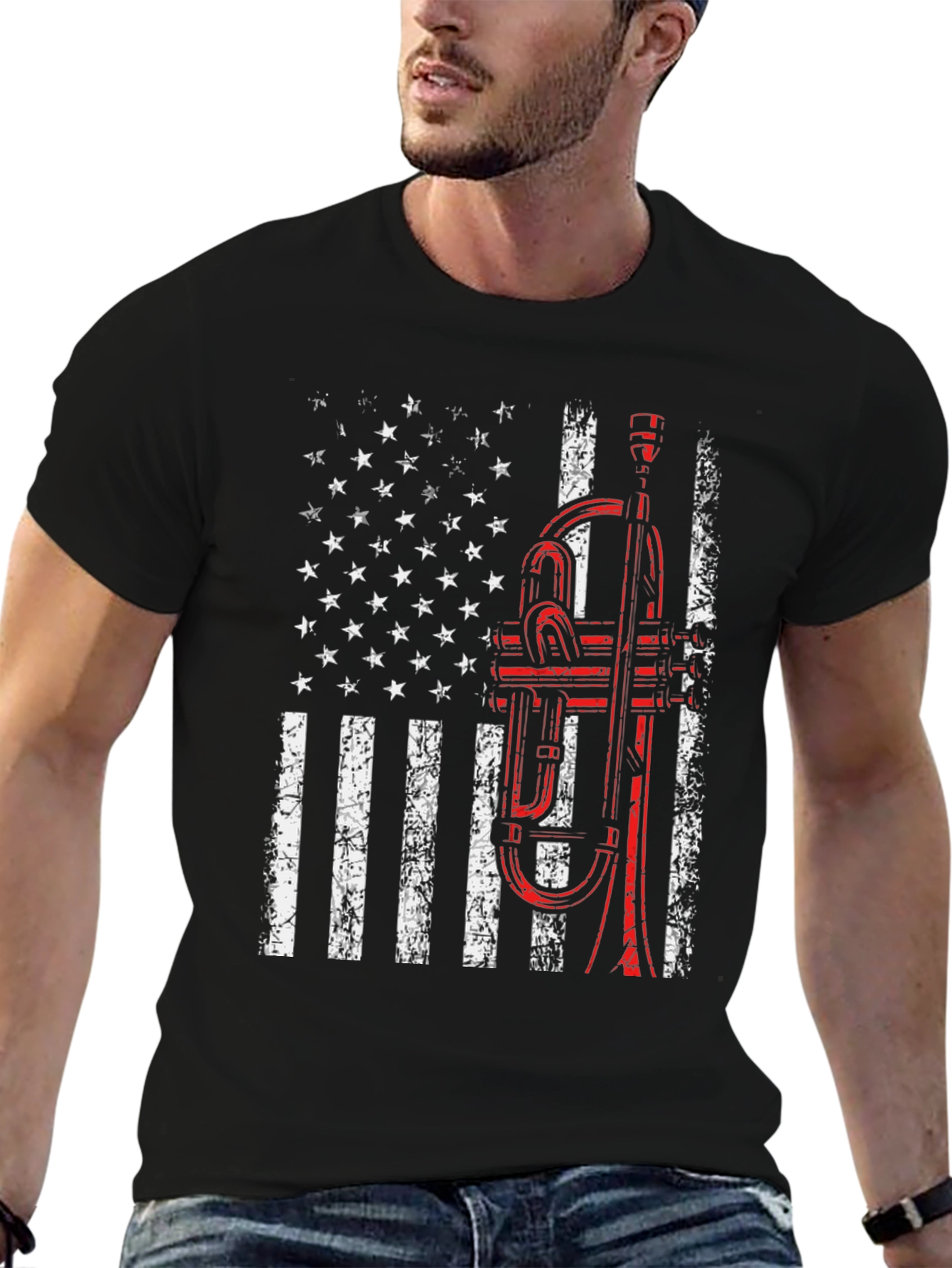 Black American Flag Trumpet T-Shirt view 6