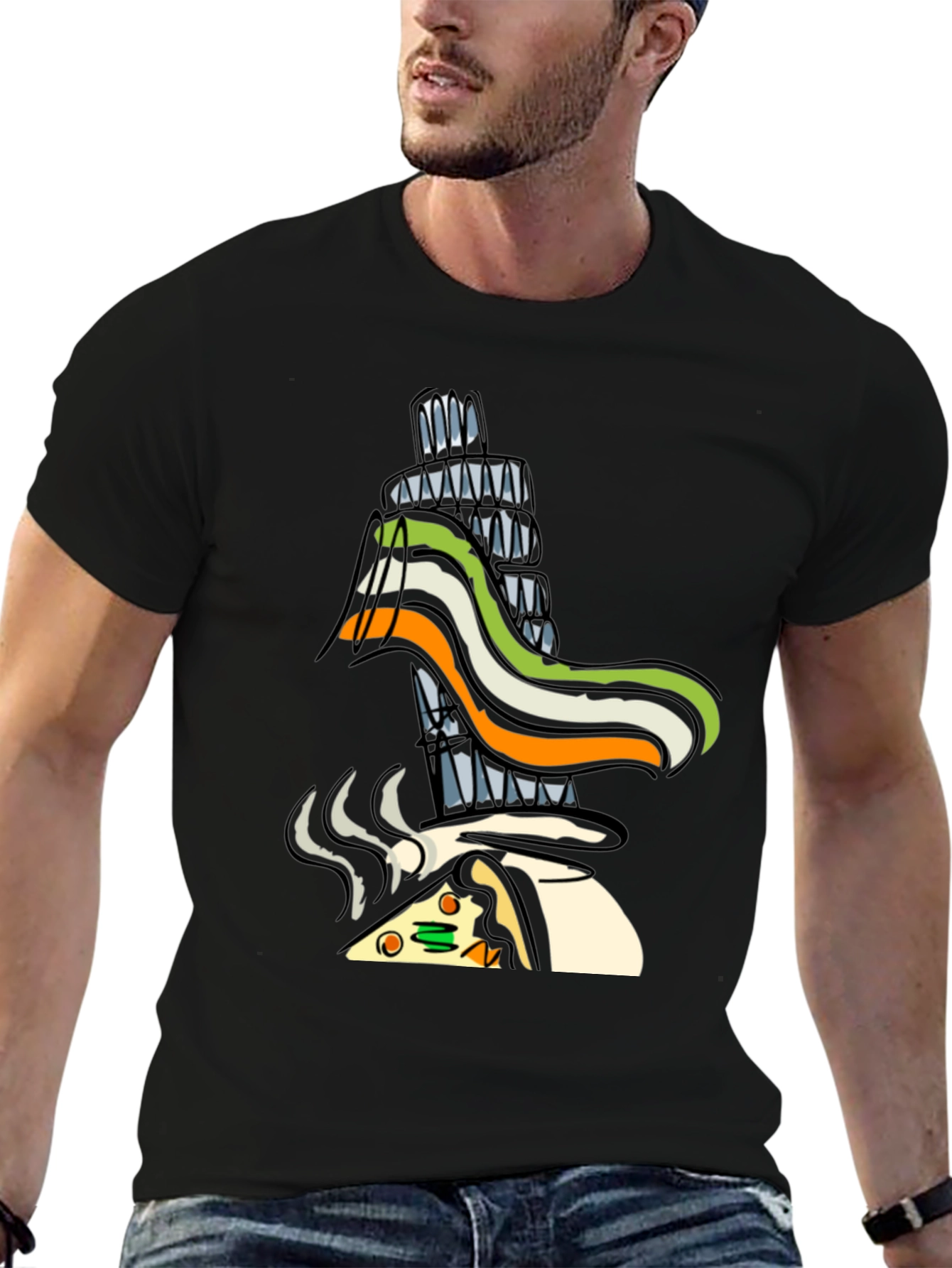 Black Whimsical Pizza & Tower Graphic T-Shirt - Black view 6