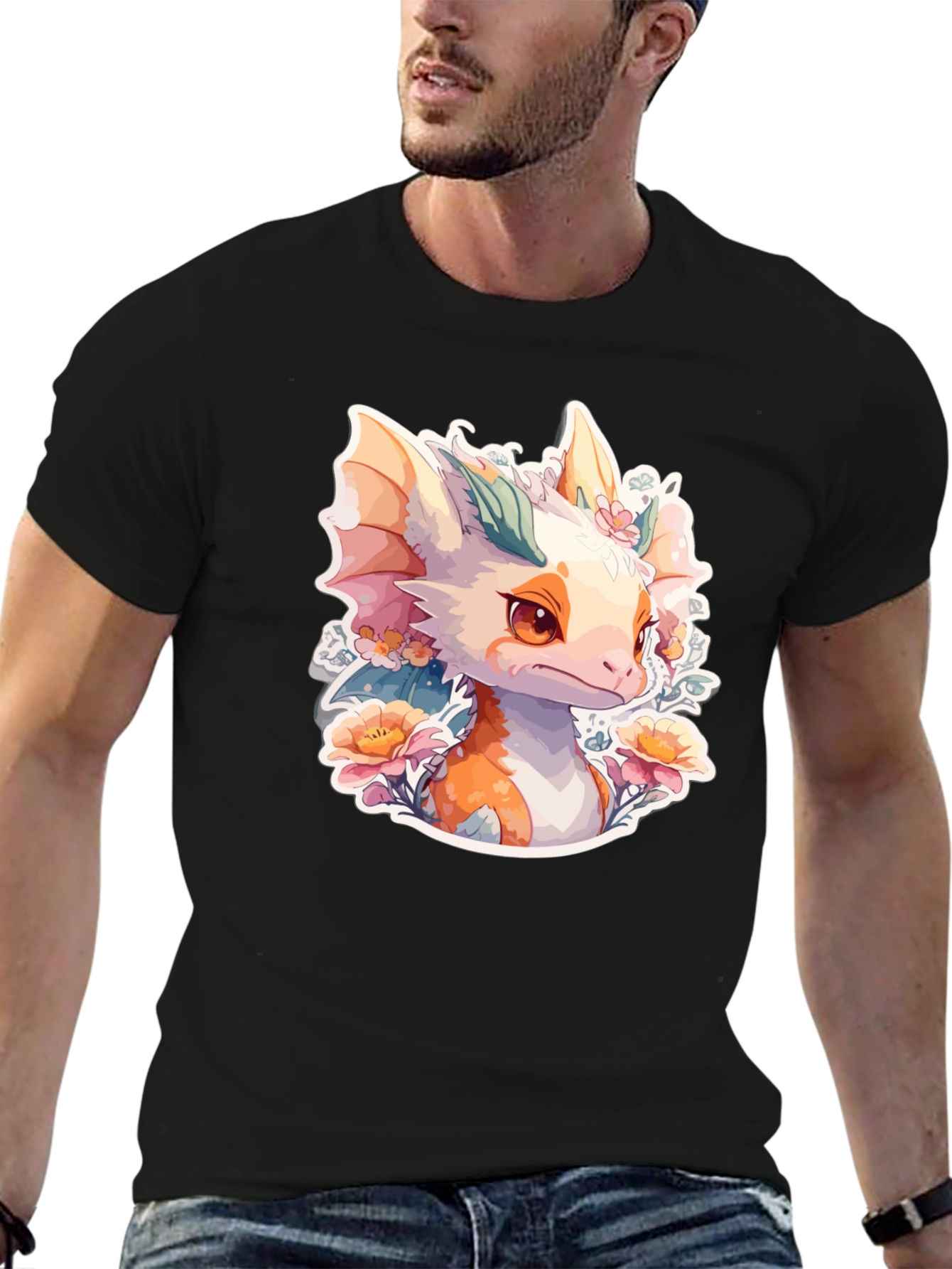 Black Dragon Floral T-Shirt: Cute Fantasy Creature Tee view 6