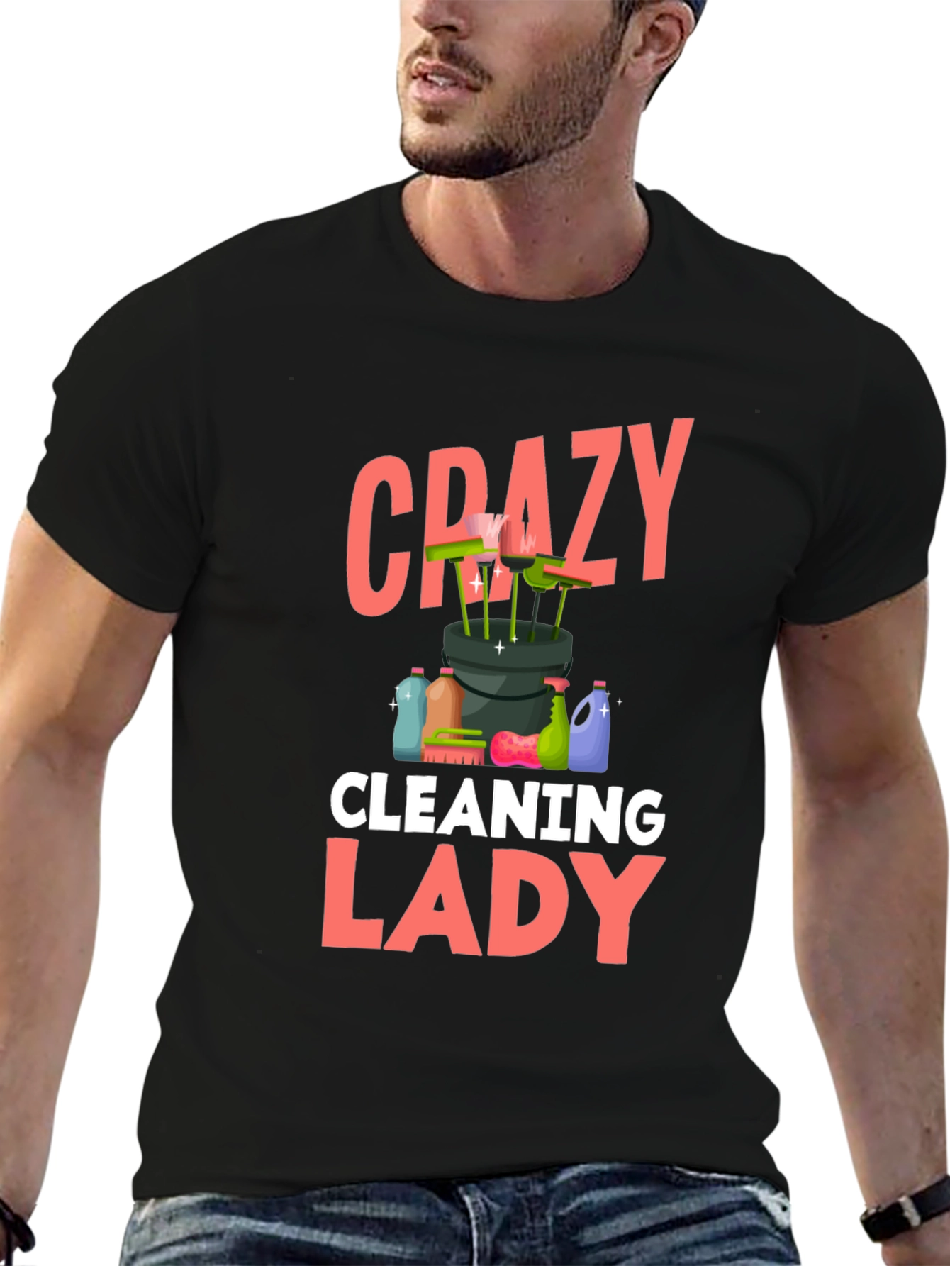 Black Crazy Cleaning Lady T-Shirt - Black Cotton view 6
