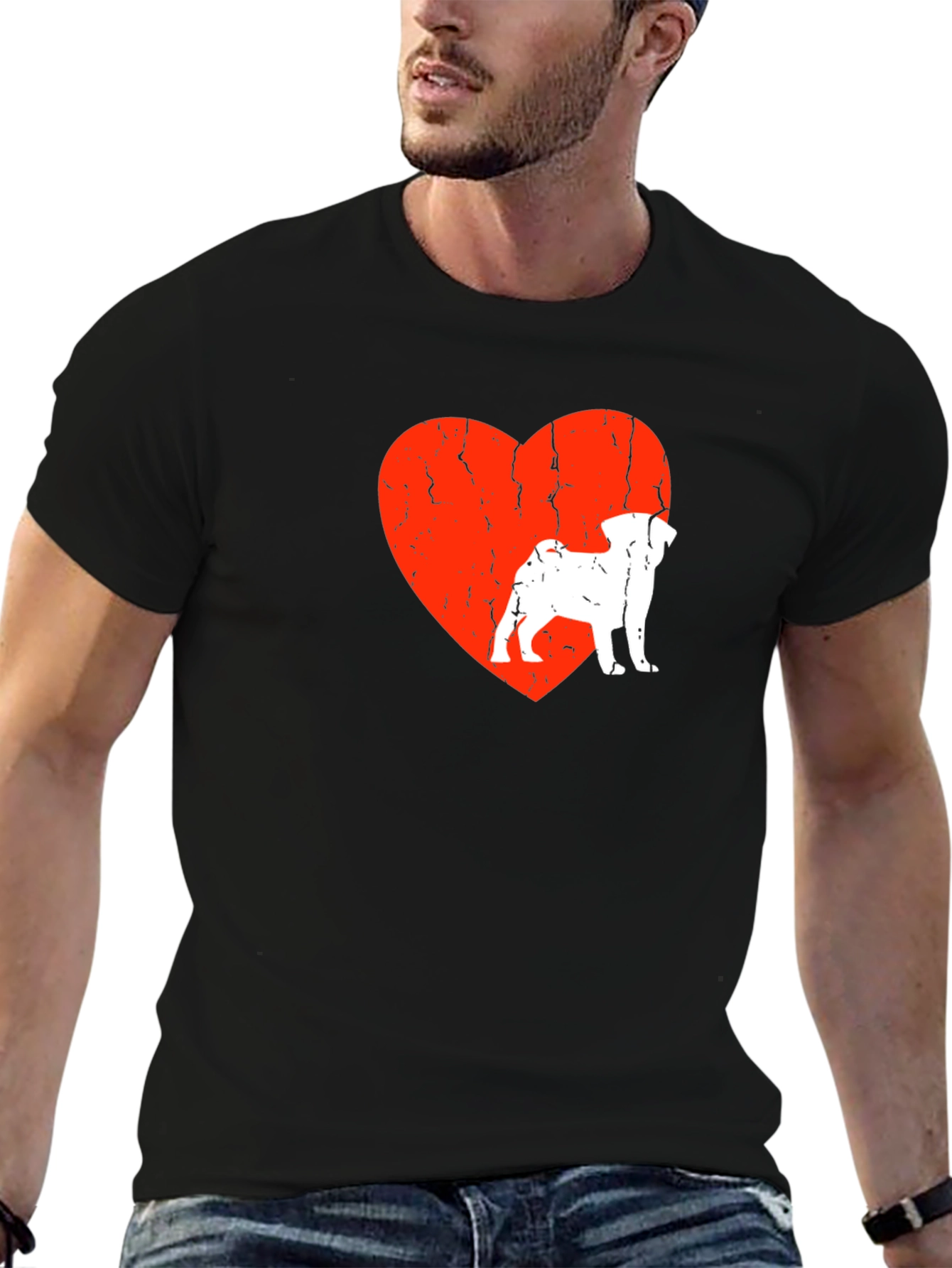 Black Pug Love Heart Graphic Tee - Men's Black T-Shirt view 6