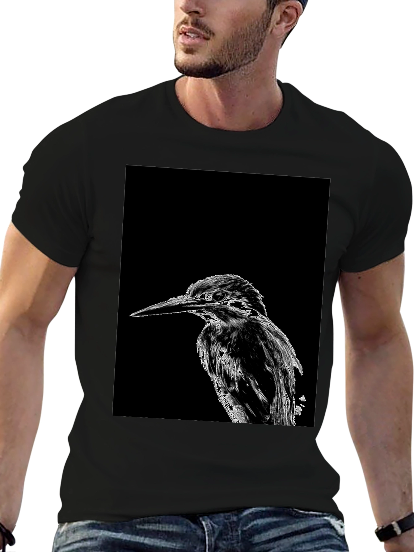 Black Kingfisher Bird Print Black T-Shirt view 6