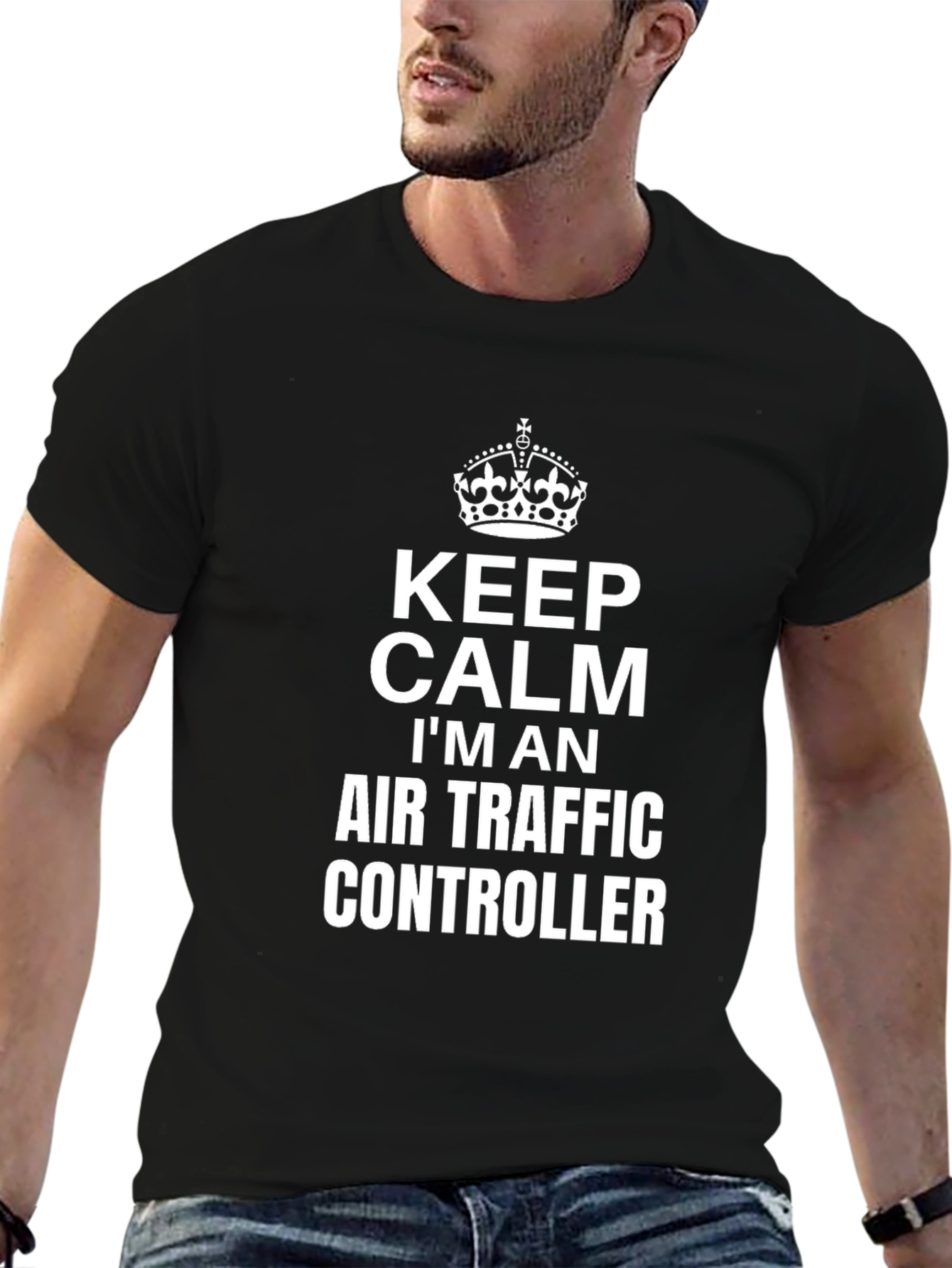 Black Keep Calm Air Traffic Controller Black T-Shirt view 6
