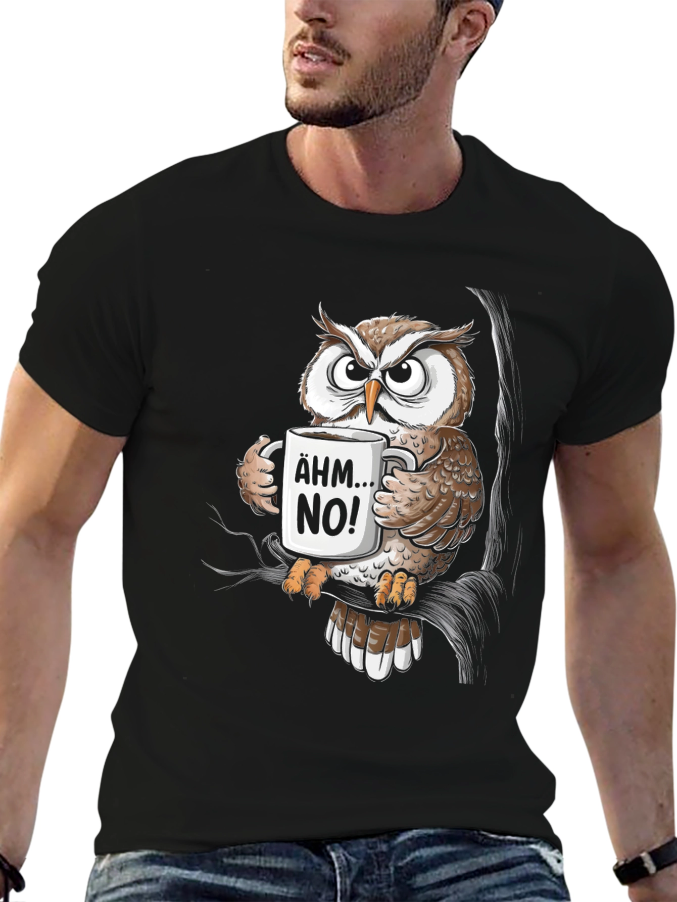 Black Funny Owl Coffee T-Shirt - Ähm No! Graphic Tee view 6