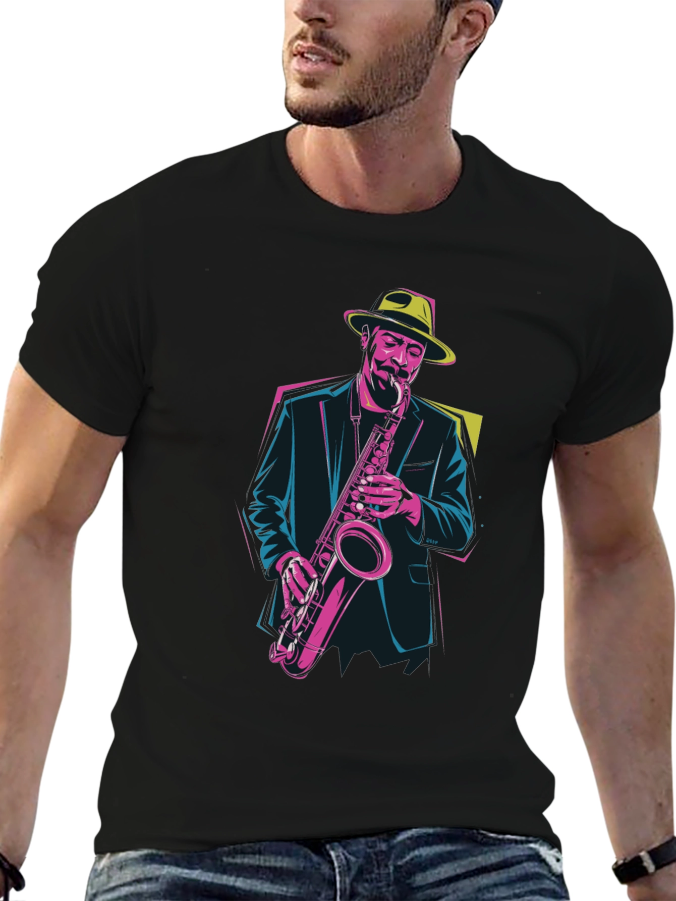 Black Jazz Saxophone Player Graphic Tee view 6